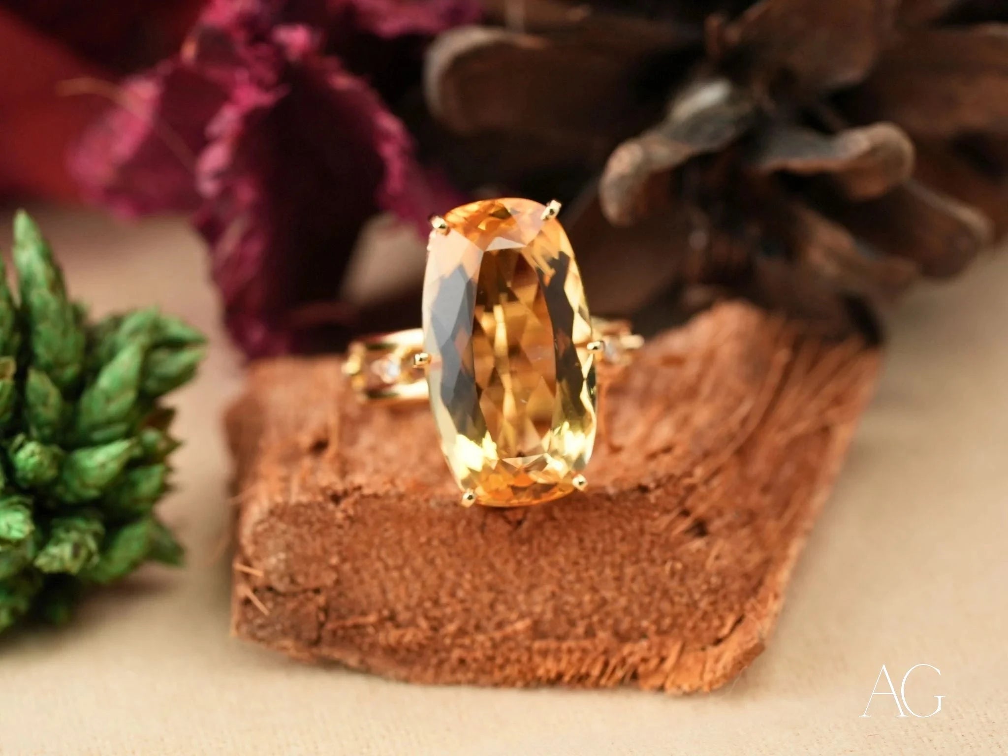 Sunfire Elegance: 14K Gold Citrine and Diamond Ring for Women | Vintage Style Engagement & Wedding Jewelry Gift