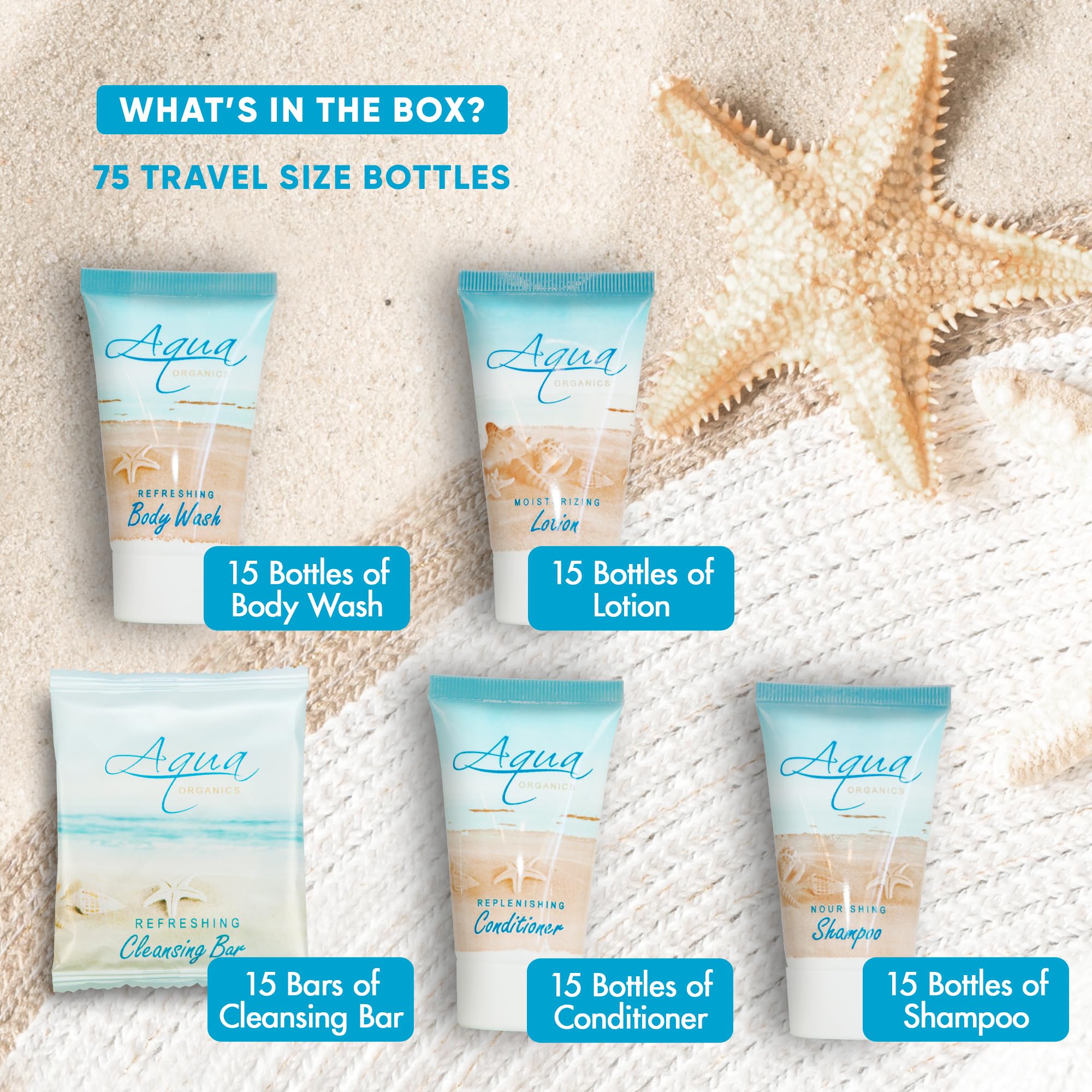 75-Piece 1oz Travel-Sized Hotel Shampoo, Conditioner, Body Wash & Lotion Set with 100 Bar Soaps | Aqua Organics Natural Toiletries for Hotels, Gyms & Travel Essentials