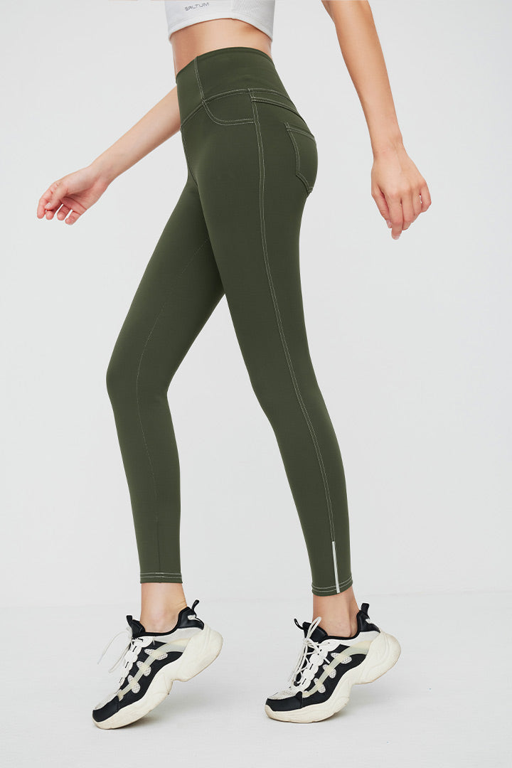 High Waist 7/8 Leggings with Reflective Piping - Women's Workout Yoga Running Jeggings for Gym, Fitness & Nighttime Safety