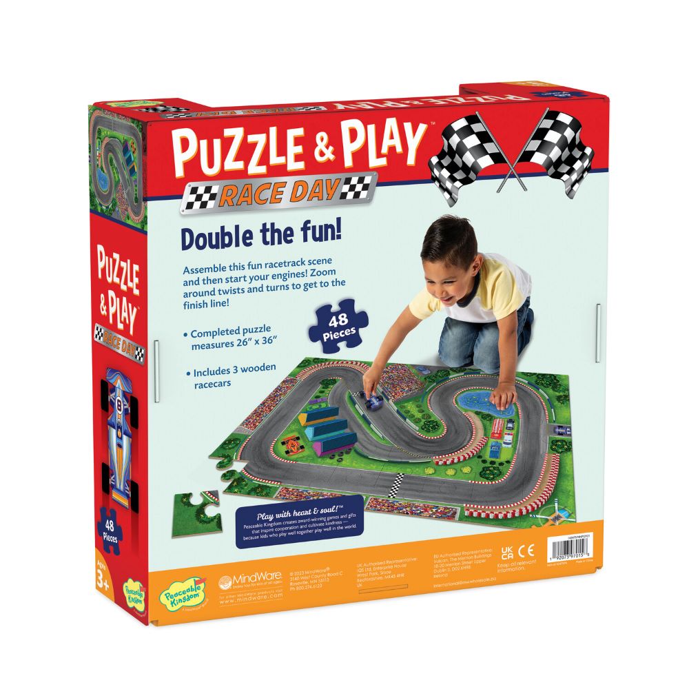 Peaceable Kingdom Puzzle & Play Race Day - Fun Kids Educational Puzzle Game for Family Game Night & Learning Activities