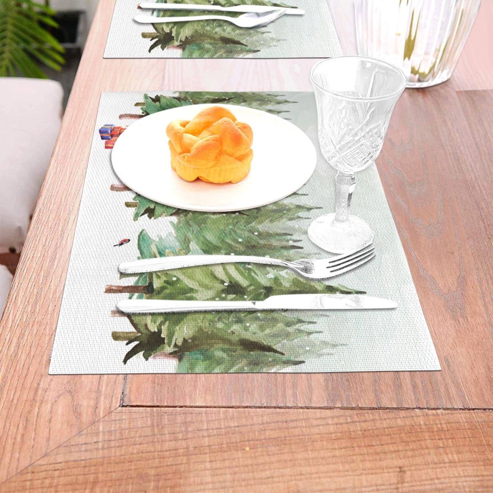 Christmas Pine Forest Placemats Set of 4 - Washable PVC Table Mats for Dining Table, Holiday Decor, Vinyl Woven Place Settings for Christmas Dinner Party & Home Decor