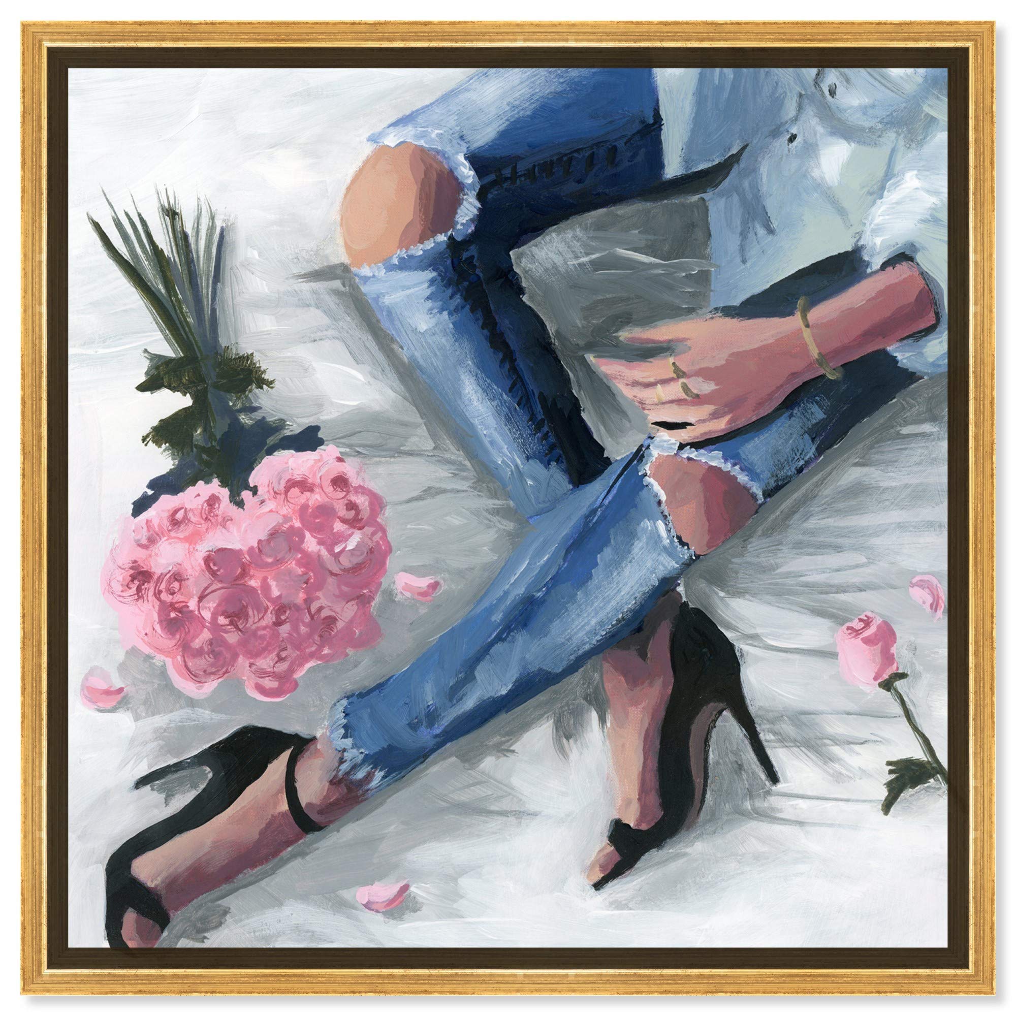 Oliver Gal Artist Co. Fashion & Glam Framed Wall Art Canvas Print - 'Romantic Jeans' Outfits Home Decor - 16x16 Inches - Blue & Pink - Perfect for Living Room, Bedroom & Office Decor