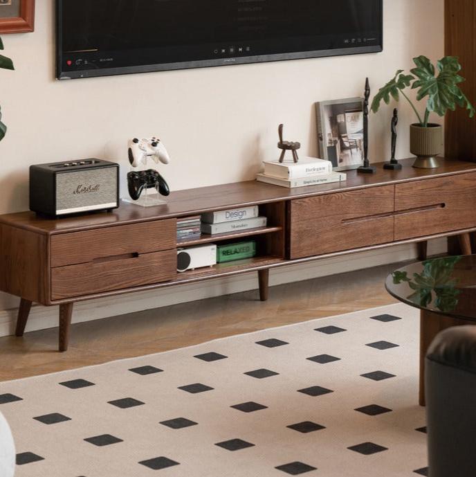 Solid Oak Wood TV Stand with Sliding Doors - Rustic Modern Entertainment Center for Living Room, Bedroom, or Home Theater