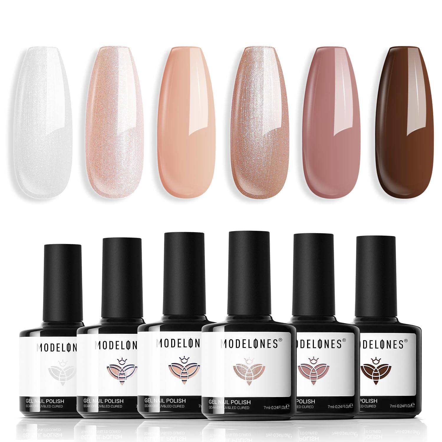 Modelones HEMA-Free Gel Nail Polish Set - 6 Nude Colors (Neutral Brown, Pink Glitter & Shimmer) | Soak Off UV/LED Gel Polish Starter Kit for DIY Manicure | Perfect for All Seasons, Home Salon & Gift Giving