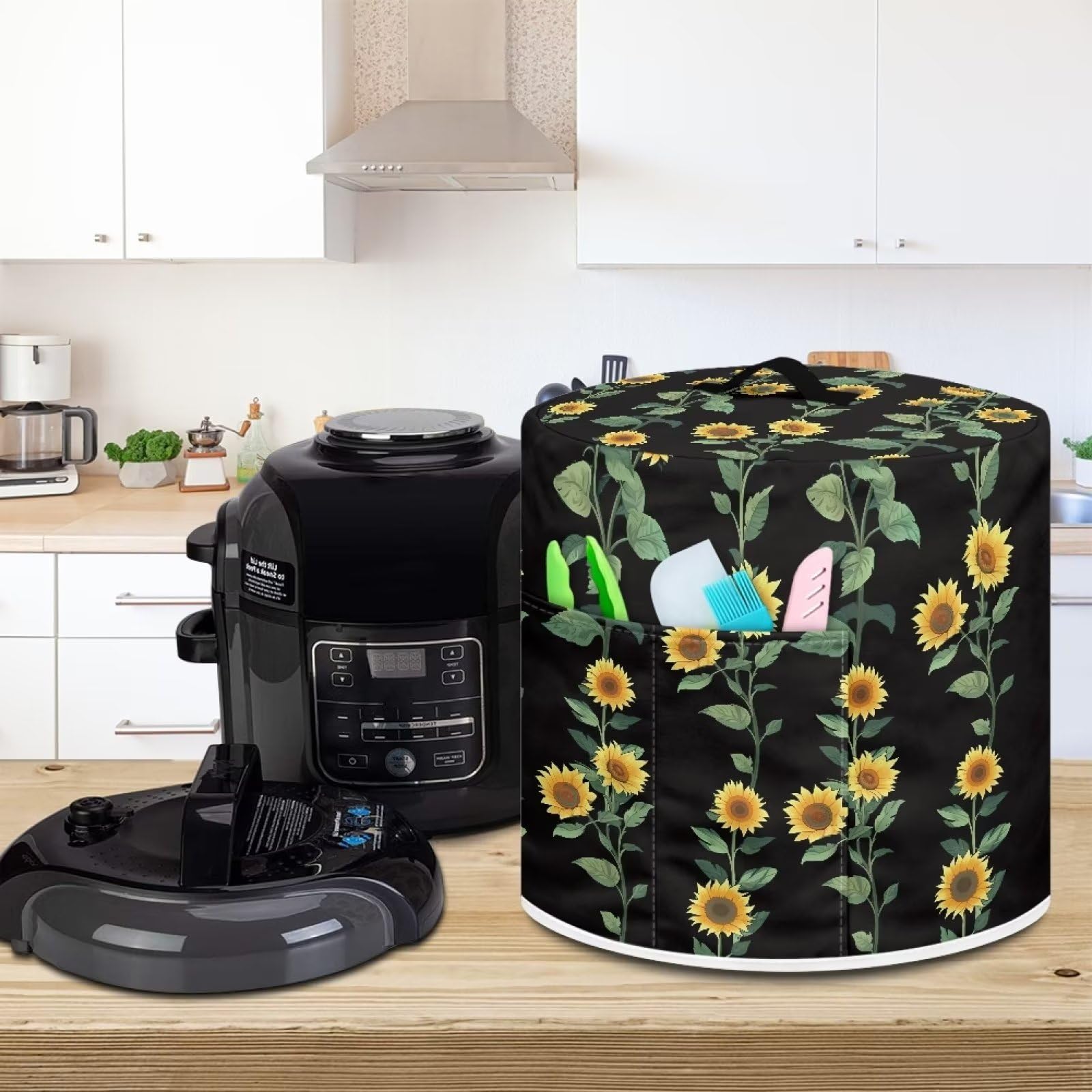 Instant Pot Accessories Dust Cover - 3 Quart Pressure Cooker, Air Fryer & Rice Cooker Protector with Storage Pockets | Sunflower Vine Design | Perfect for Kitchen Appliance Protection & Organization