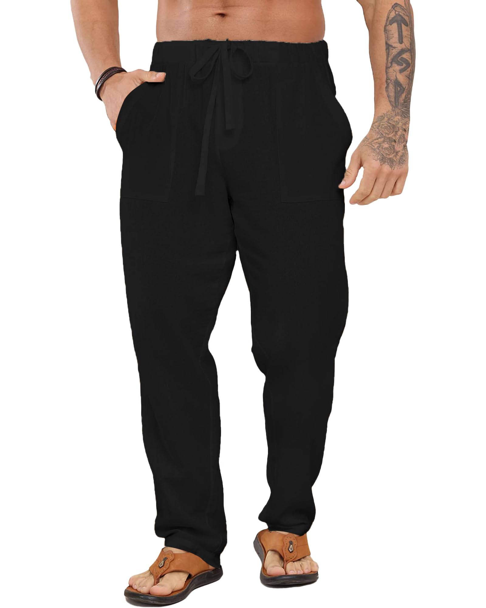 LVCBL Men's Linen Pants with Drawstring Waist & Pockets - Breathable Casual Trousers in Sizes M-3XL - Perfect for Summer Travel, Beach Vacations and Relaxed Office Wear