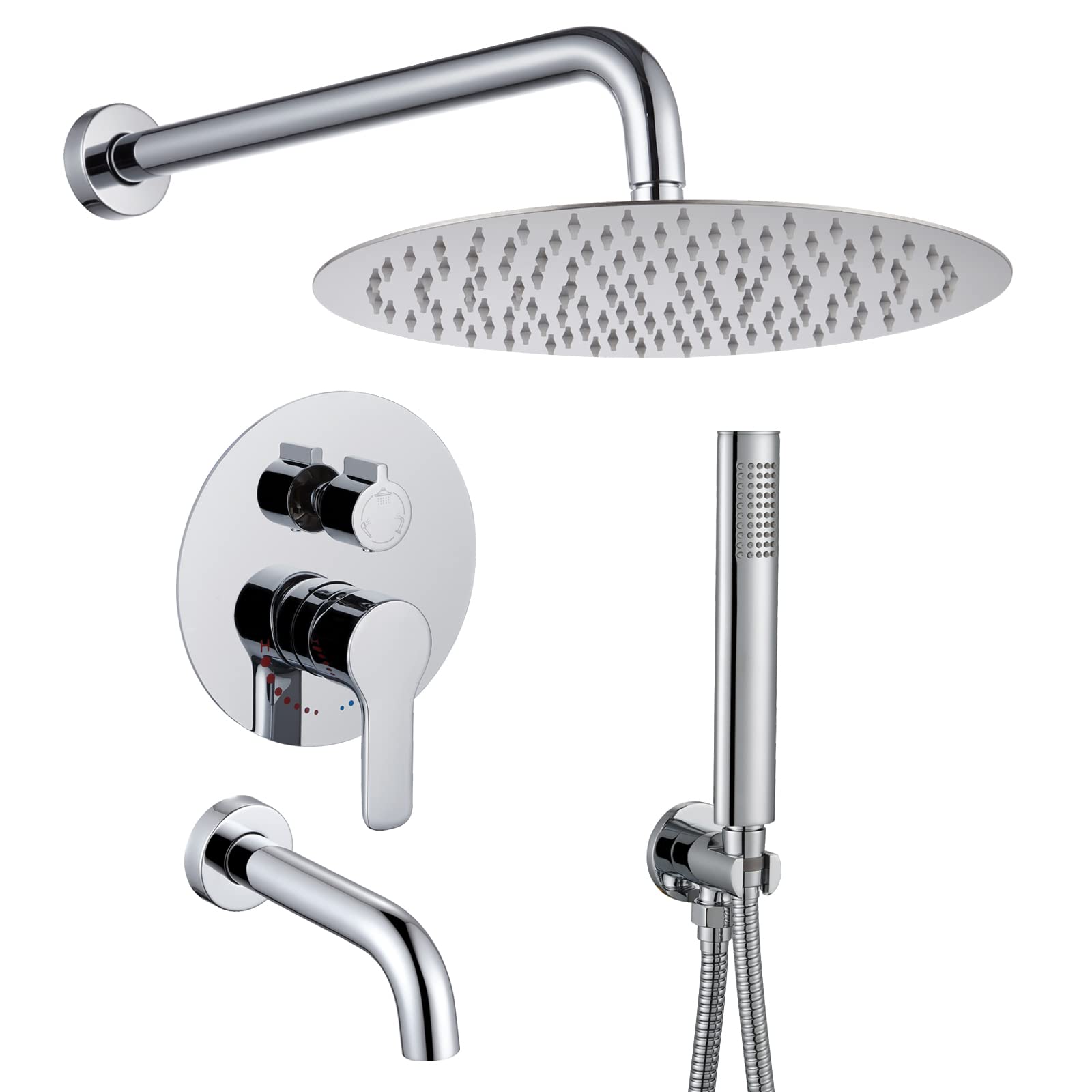 TIPOK 10 Inch Chrome Rain Shower System with Brass Valve - 3 Function Shower and Tub Faucet Set for Bathroom | Perfect for Modern Home Spa Experience and Luxury Bathroom Renovation