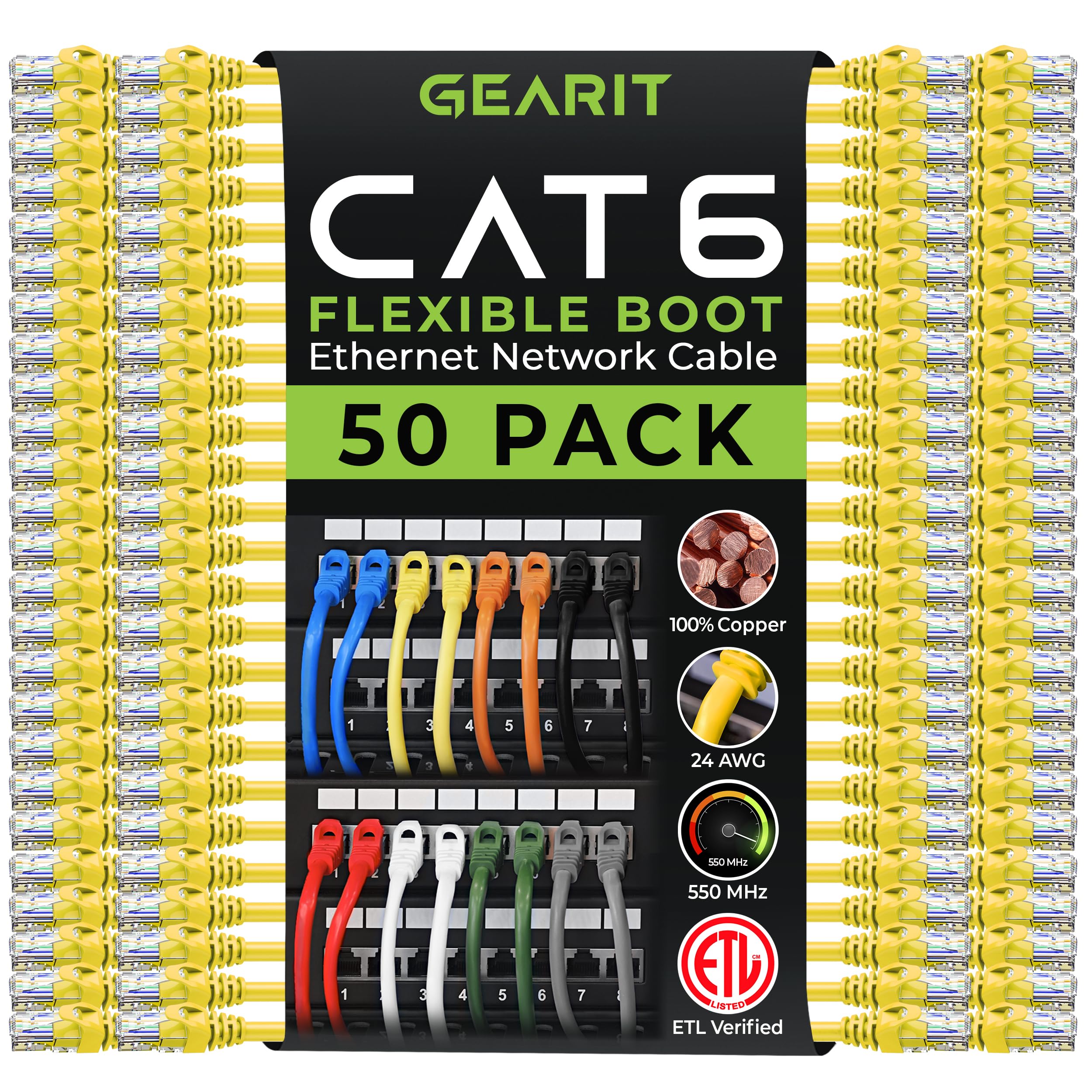 GearIT 2 ft Cat6 Ethernet Cable - Yellow, High-Speed Network Patch Cord, RJ45 Internet Cable for Gaming, Streaming & Home Office Use