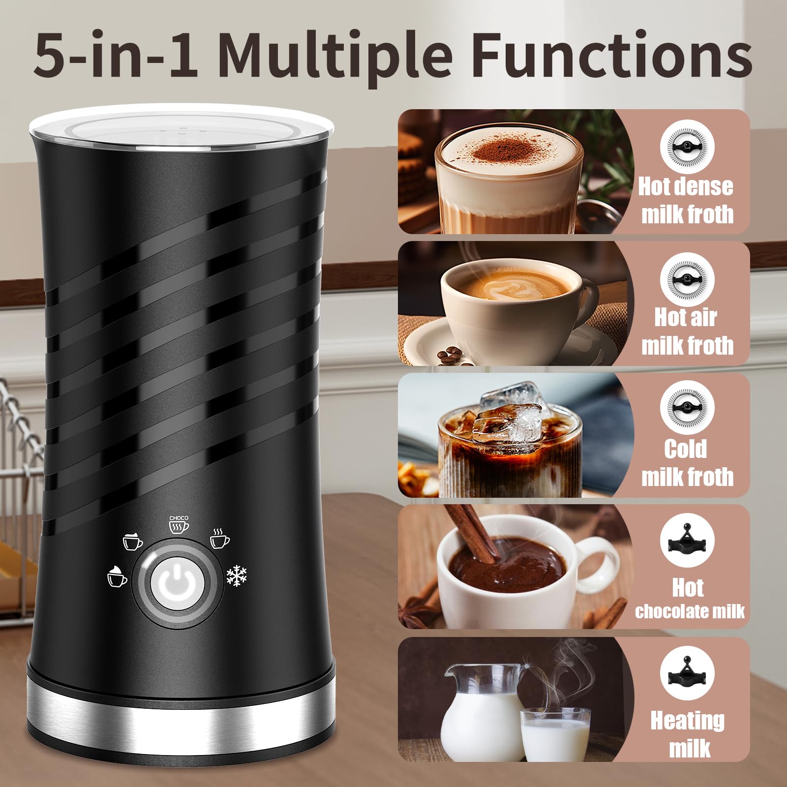 SEEDEEM 5-in-1 Electric Milk Frother & Steamer - Automatic Hot/Cold Foam Maker with 2 Whisks for Coffee, Latte, Cappuccino, Hot Chocolate | Perfect for Home Baristas & Coffee Lovers
