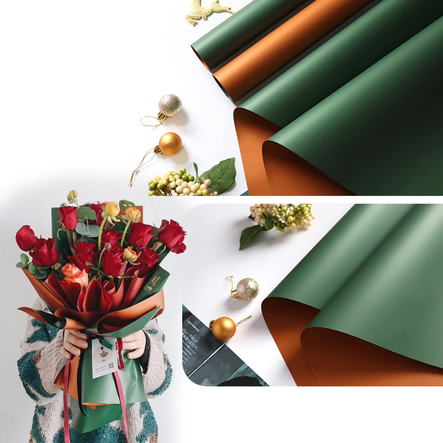 HYSSINOWRAP Double Sided Waterproof Gift Wrapping Paper - 20 Sheets 23.6x23.6 Inch DIY Floral Design for Birthday, Wedding, Christmas & Party Decorations (Deep Green)