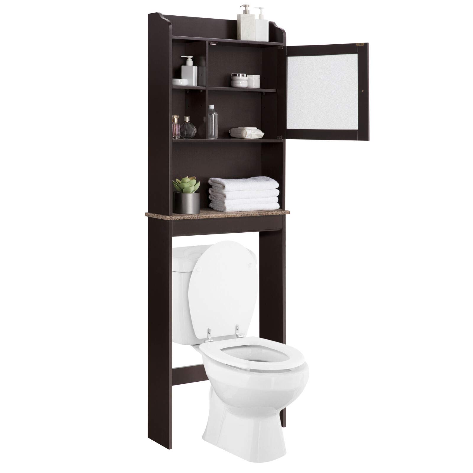 Over The Toilet Bathroom Storage Cabinet - Faux Marble Medicine & Makeup Organizer with Open Shelves - Space Saving Bathroom Organizer for Toiletries, Cosmetics & Essentials - Perfect for Small Bathrooms & Apartment Living