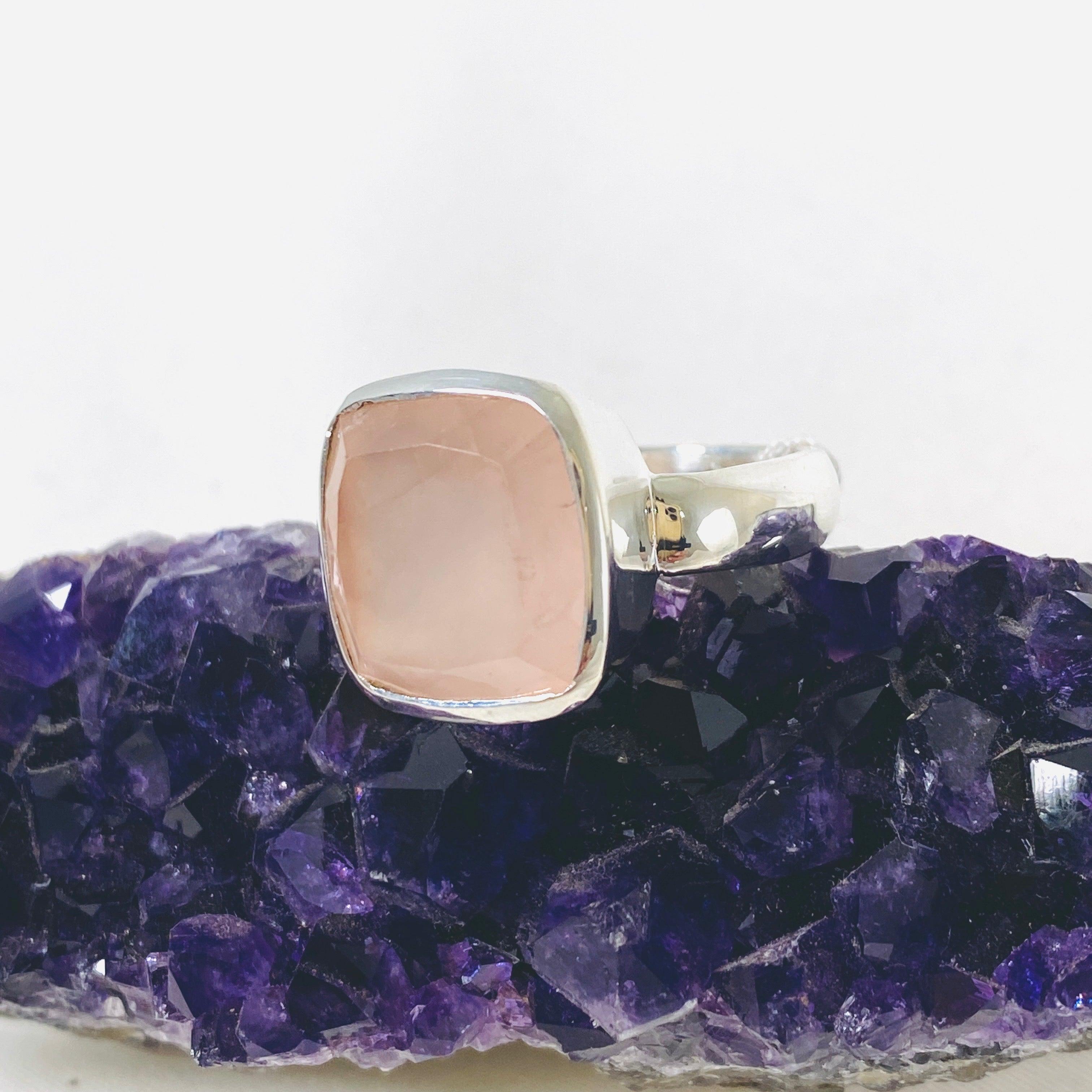 Rose Quartz Square Faceted Ring - Size 9 - KRGJ2997 | Elegant Healing Crystal Jewelry for Women, Perfect for Meditation, Yoga & Spiritual Gifts