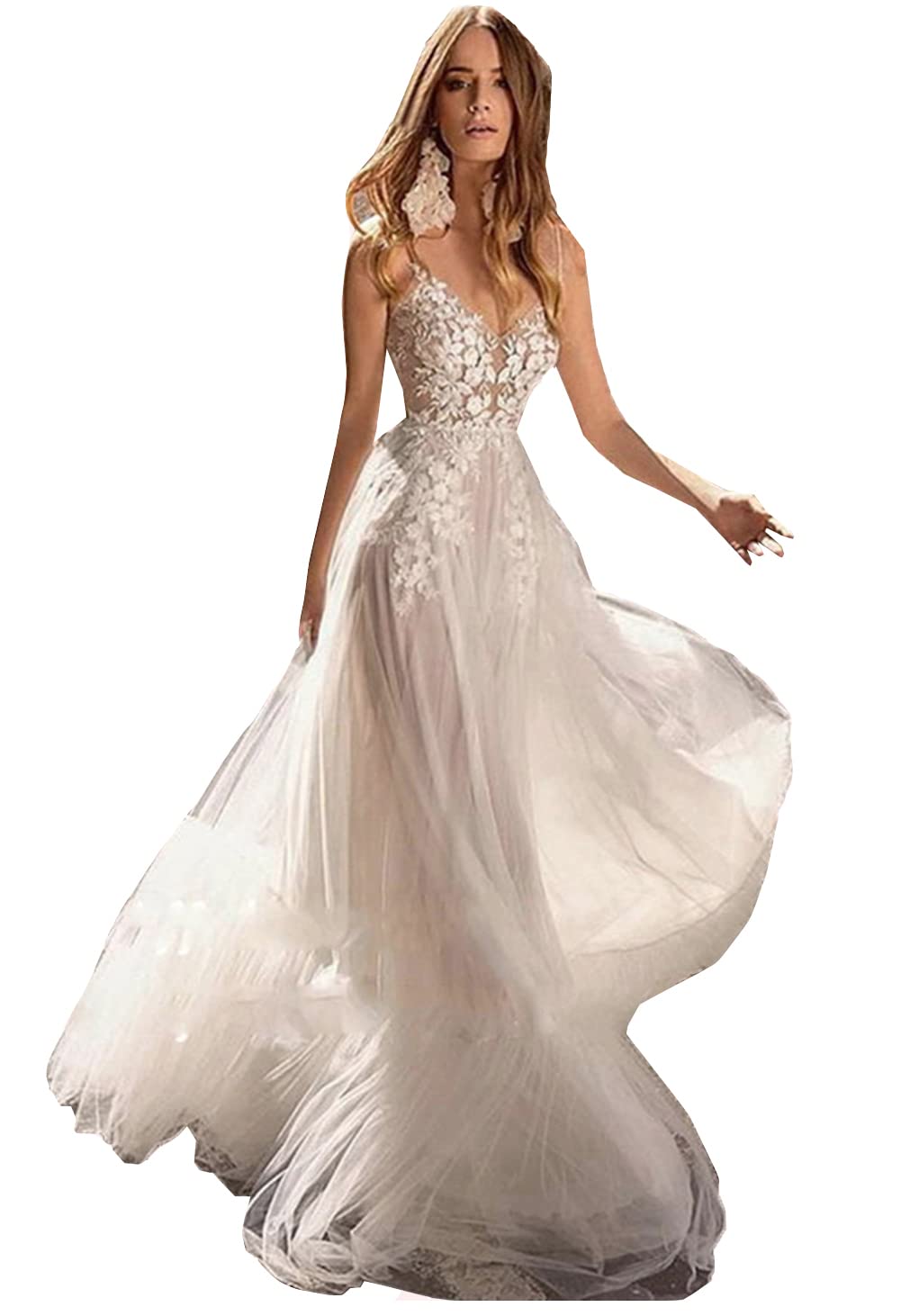 MeowAhwoo Women's Lace Beach Wedding Dress - A-Line Backless Summer Bridal Gown for Bride | Perfect for Beach Weddings, Destination Elopements & Romantic Seaside Ceremonies