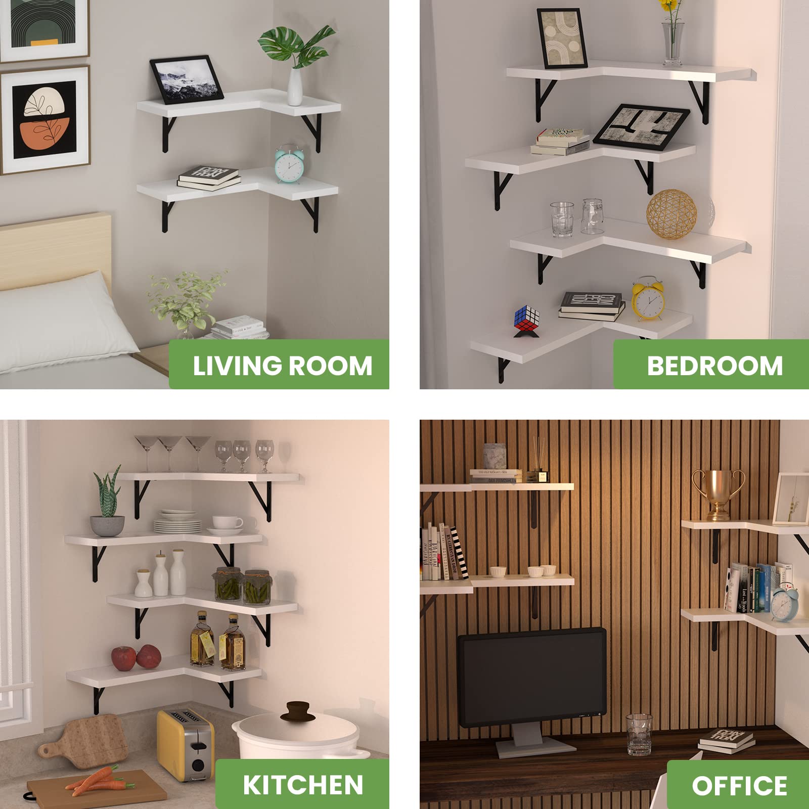 NATURE'S SOURCE Floating Corner Shelves Set of 4 - Wall Mounted Modern White Shelves for Bedroom, Kitchen, Bathroom & Office - Space Saving Storage Solution for Home Decor & Organization
