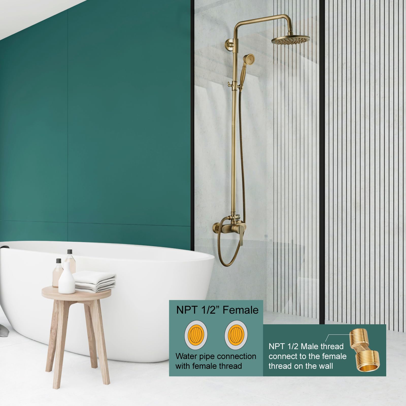 Vintage Brass Exposed Pipe Shower System - 8 Inch Rainfall Shower Head & Handheld Sprayer Combo Set with Single Handle - Dual Function Bathroom Faucet for Luxurious Spa Experience