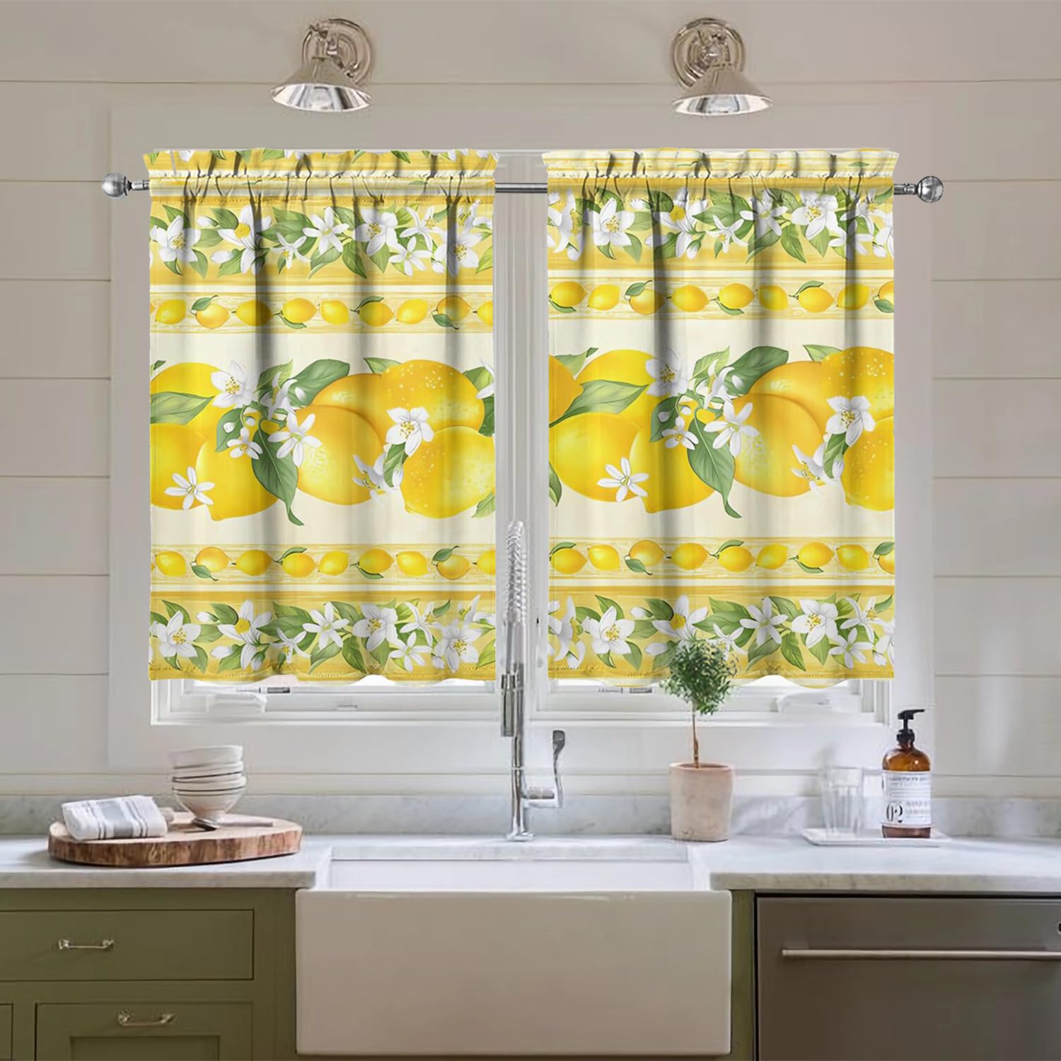 Lemon Kitchen Curtains Set - 3 Piece Window Valance for Sink (54x36