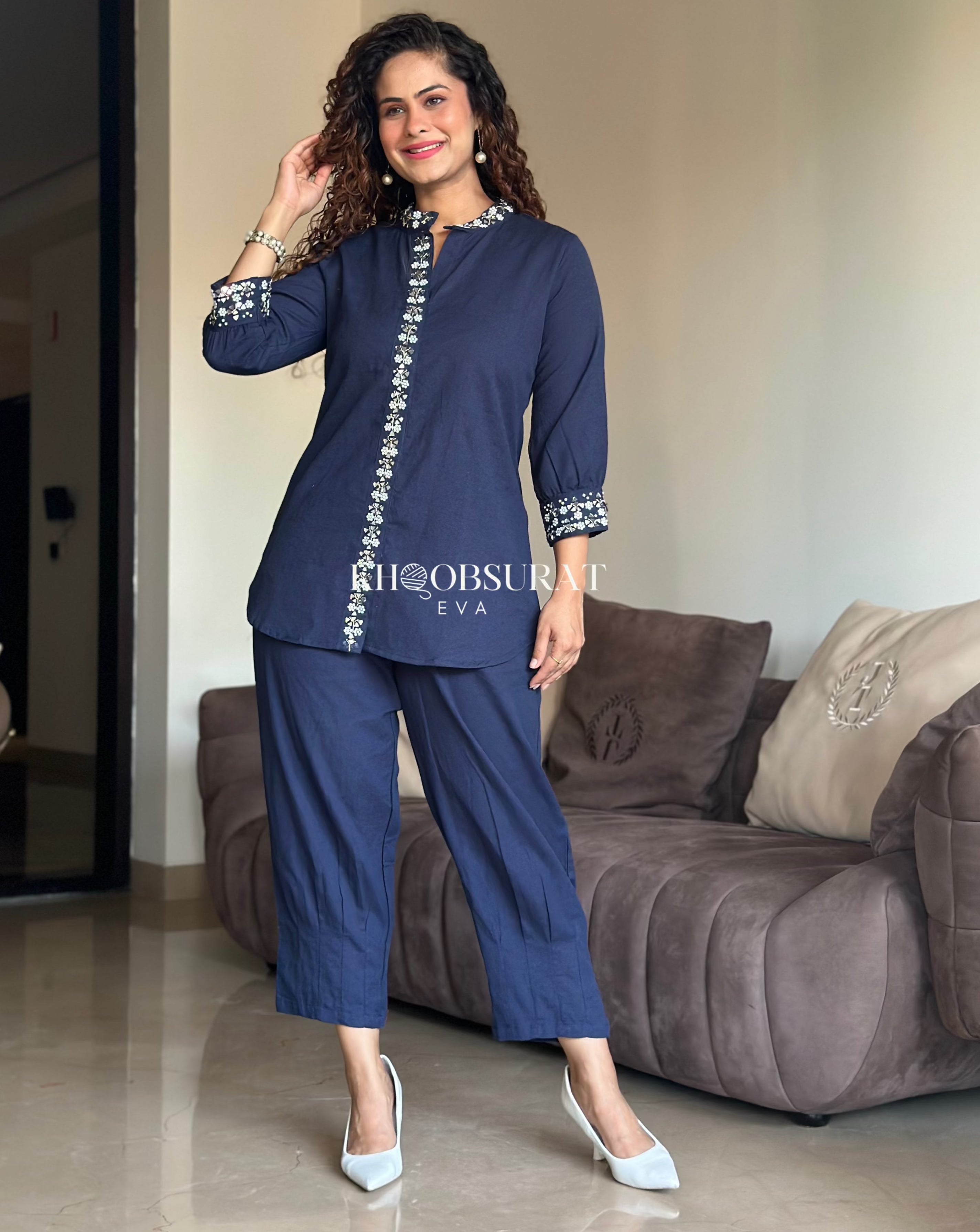 RHEA Blue Mirror Work Co-Ord Set | Stylish Indian Embroidered Two-Piece Outfit for Women | Perfect for Festivals, Weddings & Special Occasions
