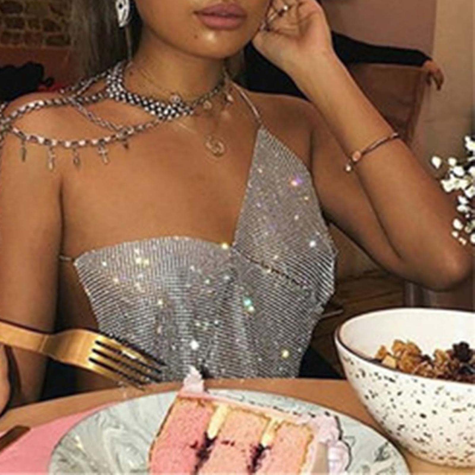 Acenail Silver Crystal Body Chains - Sexy Crop Tops & Bikini Sequins Halter Backless Bra Jewelry for Women | Boho Beach Party, Festival, Swimwear Accessories
