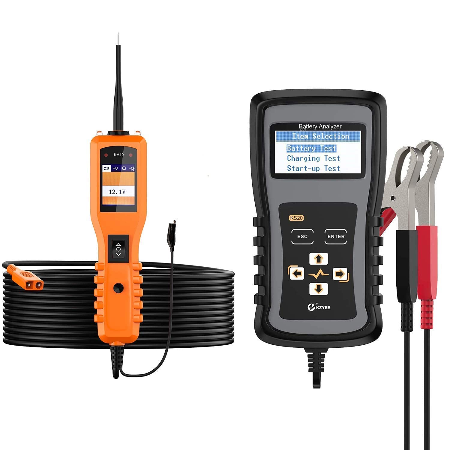 KZYEE KS20 12V 24V Car Battery Load Tester 100-1700 CCA Automotive Battery Analyzer & KM10 Power Circuit Probe Kit - Professional Automotive Diagnostic Tool for Vehicle Maintenance, Repair and Electrical System Testing