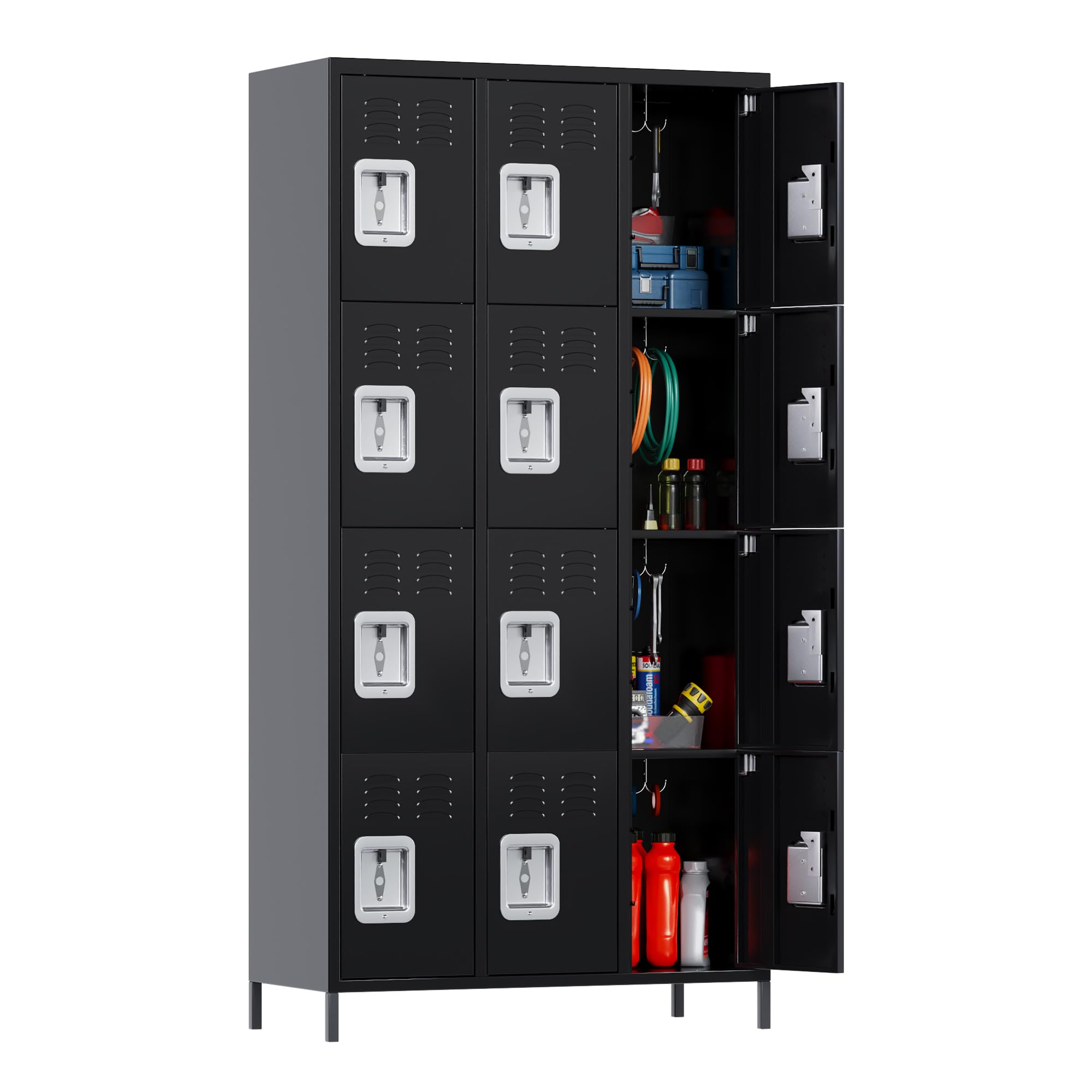 Aobabo 12-Door Metal Storage Locker with 12 Hooks - Heavy Duty Employee Locker for School, Office, Gym & Bedroom Organization - Easy Assembly Black Storage Cabinet for Clothes, Shoes & Personal Items