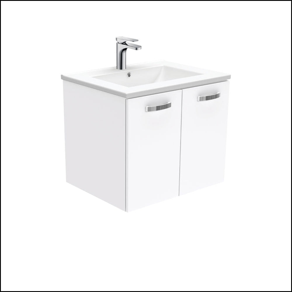 Fienza Dolce TCL60J 24-Inch White Ceramic Wall-Mounted Bathroom Vanity with Handles - Modern Space-Saving Design for Small Bathrooms & Powder Rooms