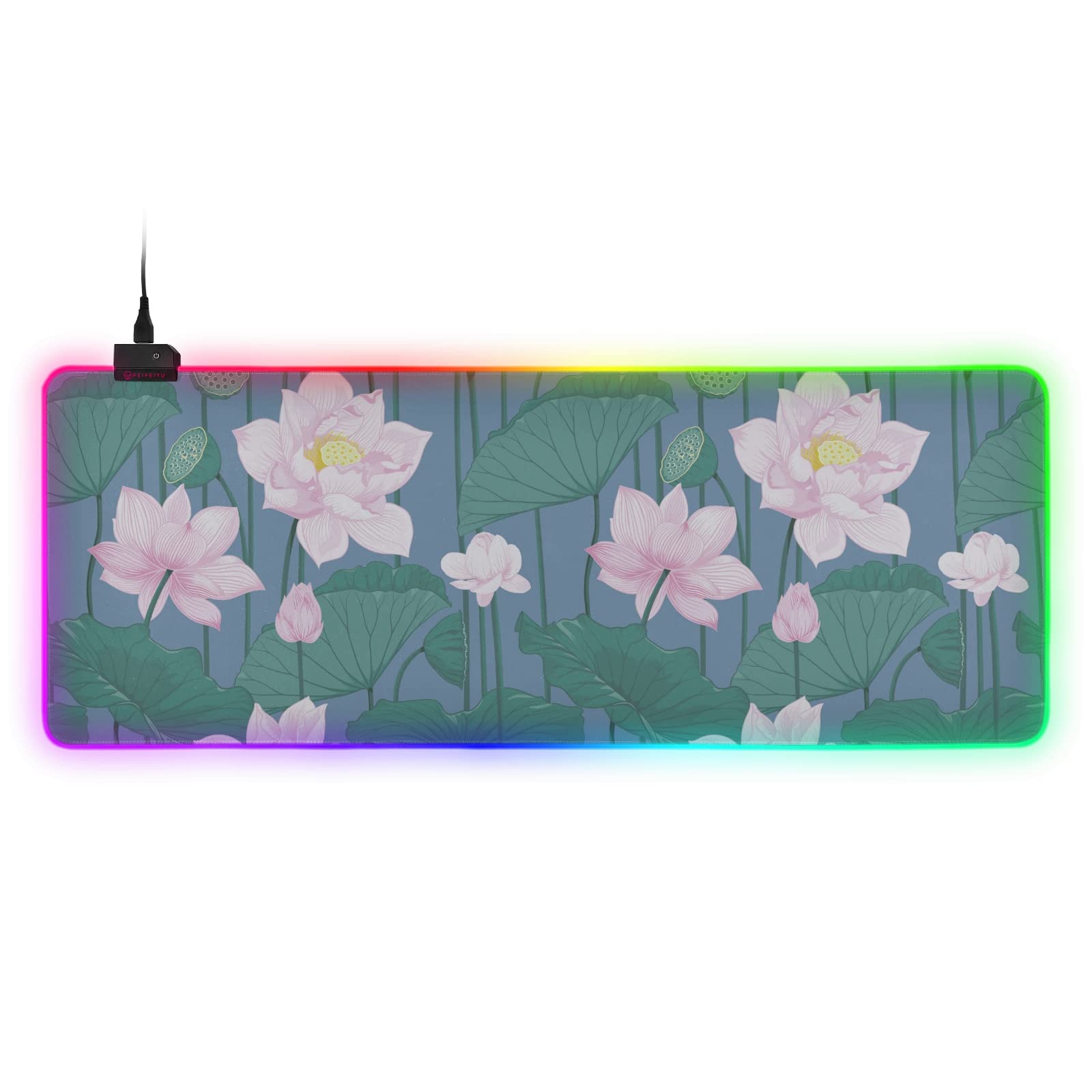 ALAZA Gaming Mouse Pad with 13 LED Modes - Non-Slip Cloth Surface, Pink Lotus & Green Leaf Design (31.5