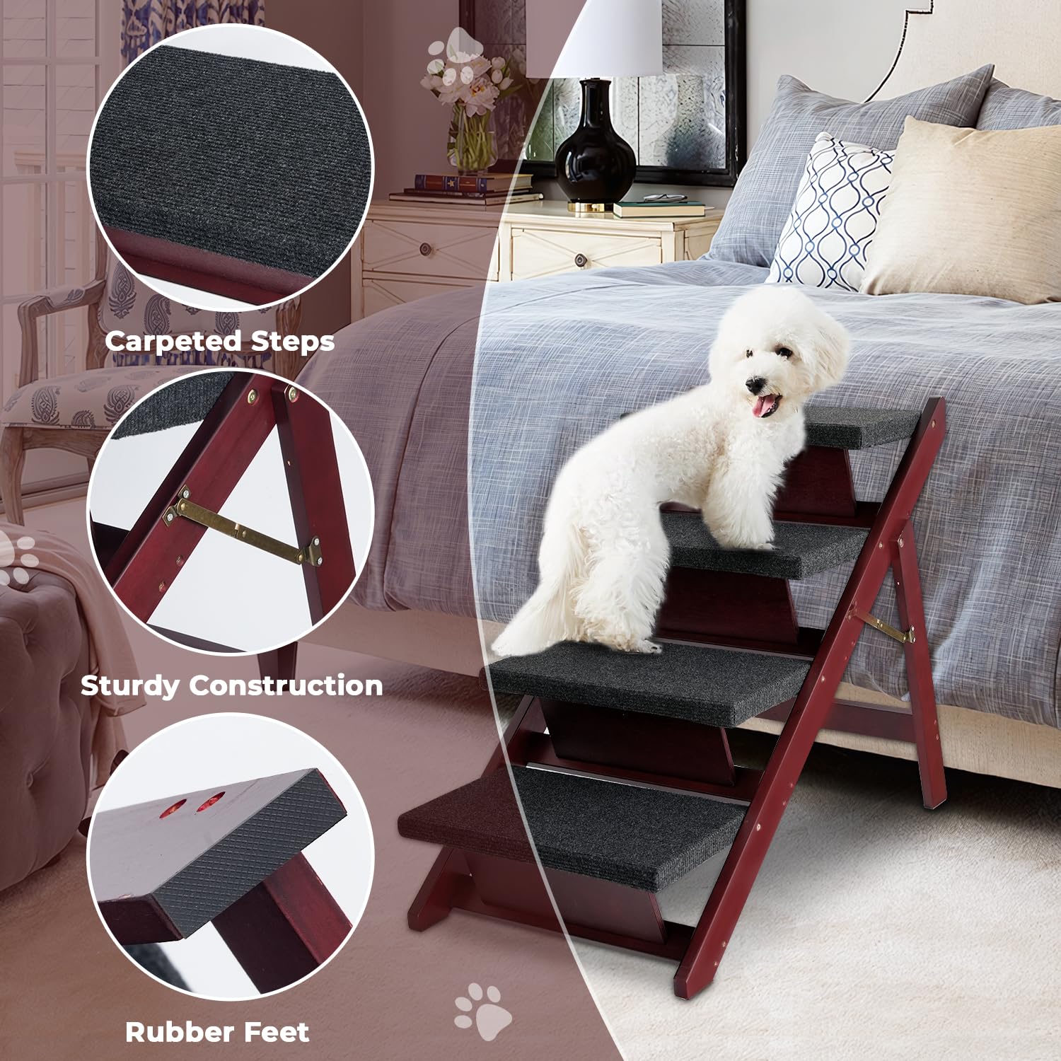 BRIKY Foldable 4-Step Wooden Pet Stairs for Dogs & Cats - Non-Slip Dog Steps for High Beds, Couches & Cars - No Assembly Required - Perfect for Small, Medium & Large Pets (Use for Bed Access, Car Entry & Sofa Climbing)