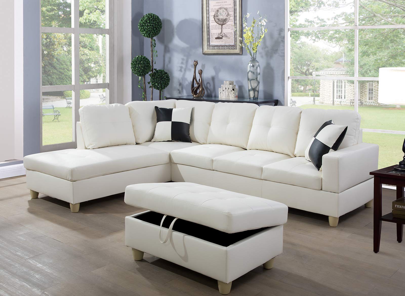 Ainehome 3-Piece L-Shaped Sectional Sofa Set with Storage Ottoman & Matching Pillows - Cream White, Left-Hand Facing - Modern Living Room Furniture for Small Spaces, Apartments & Home Theater Seating