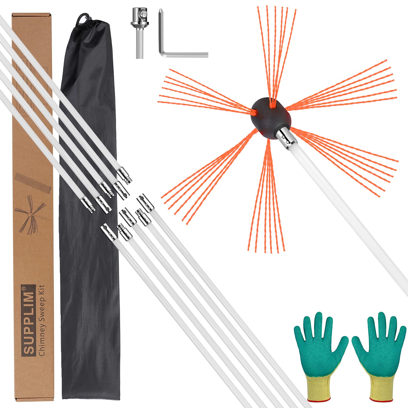 33FT Chimney Sweep Kit with Extension Rods - Flexible Nylon Rotary Brush for Fireplace Cleaning - Electric Drill Compatible Chimney Cleaning Tool (10 Rods Included) - Perfect for Wood Stove, Fireplace & Chimney Maintenance
