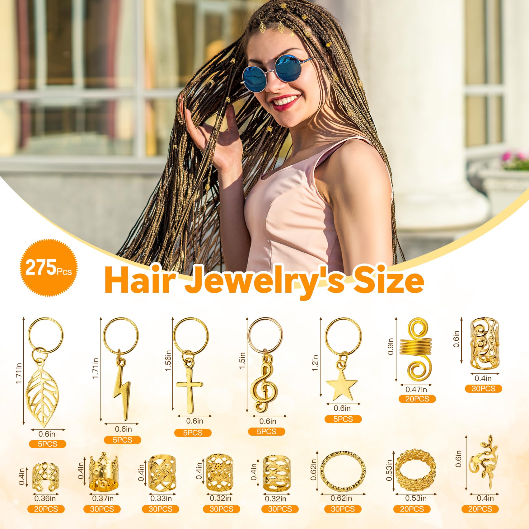 275 Pcs Gold Metal Hair Jewelry for Women - Braid Rings, Cuffs & Clips for Dreadlocks & Braids - Unisex Hair Accessories for Parties, Weddings & Everyday Style