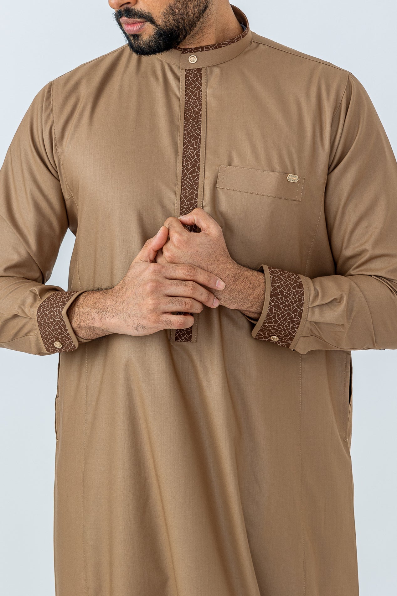Aztec Almond Brown Thobe for Men - Traditional Islamic Robe with Embroidery - Perfect for Eid, Ramadan & Special Occasions
