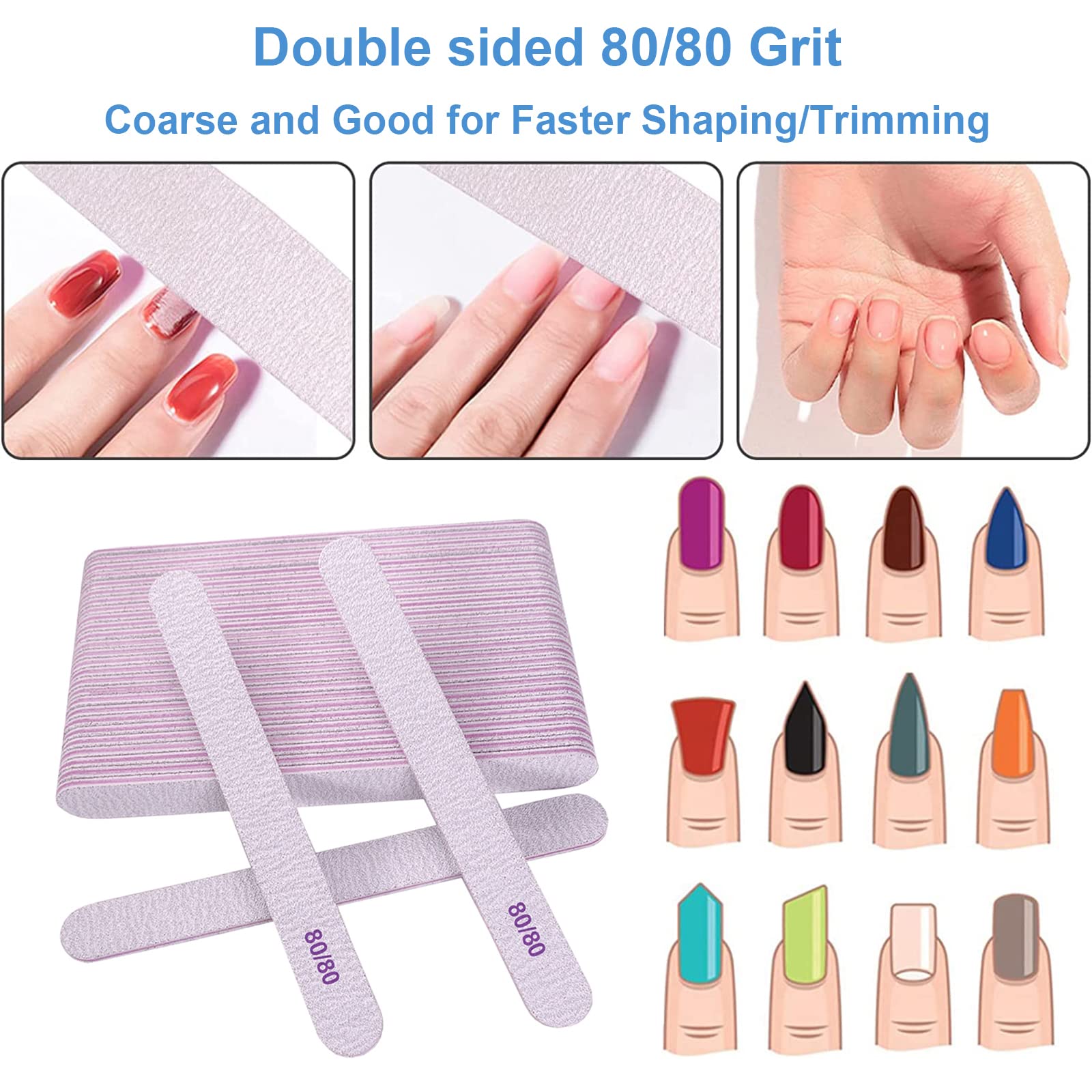 80/80 Grit Professional Nail Files (50 Pcs) - Double Sided Coarse Emery Boards for Acrylic Nails, Gel Nails & Natural Nails - Reusable Washable Manicure Tools for Salon & Home Use - Perfect for Nail Shaping, Smoothing & Polish Prep