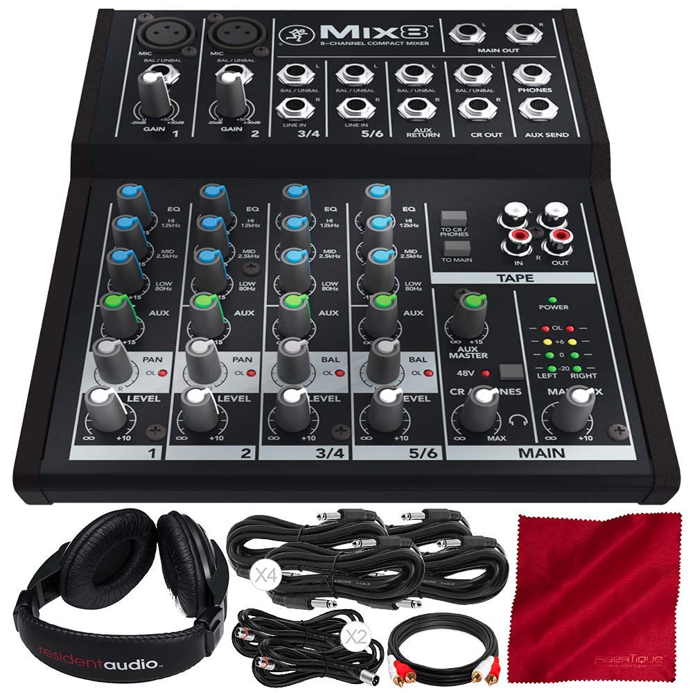 Mackie Mix8 8-Channel Compact Audio Mixer with Deluxe Bundle - Includes Closed-Back Headphones, XLR Cables & Fibertique Cleaning Cloth | Perfect for Home Studio Recording, Podcasting & Live Performances