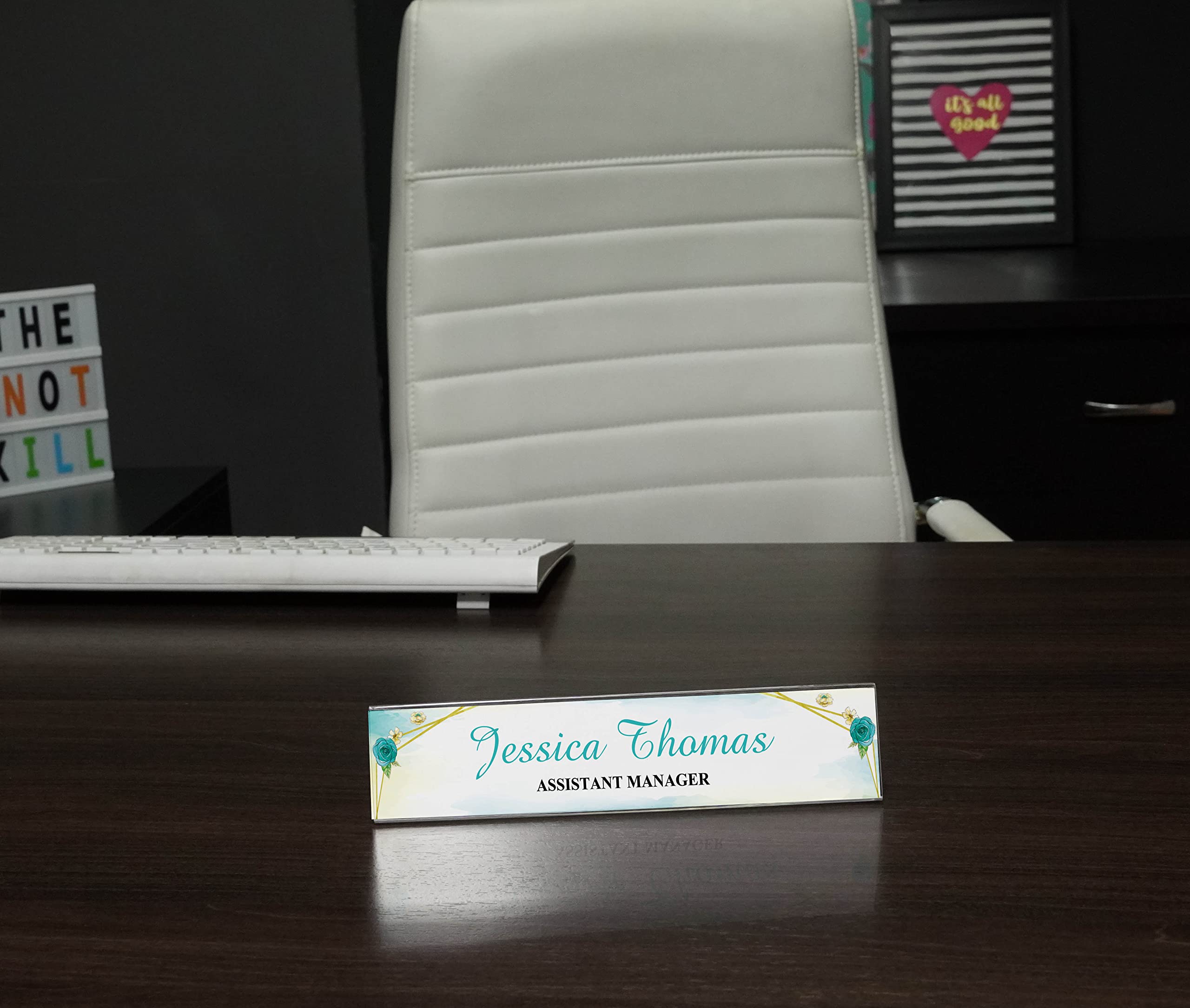 Custom Acrylic Desk Name Plate with Watercolor Flowers - Personalized Office Name Sign (2x8 Inches) - Perfect for Workstations, Gifts & Professional Spaces