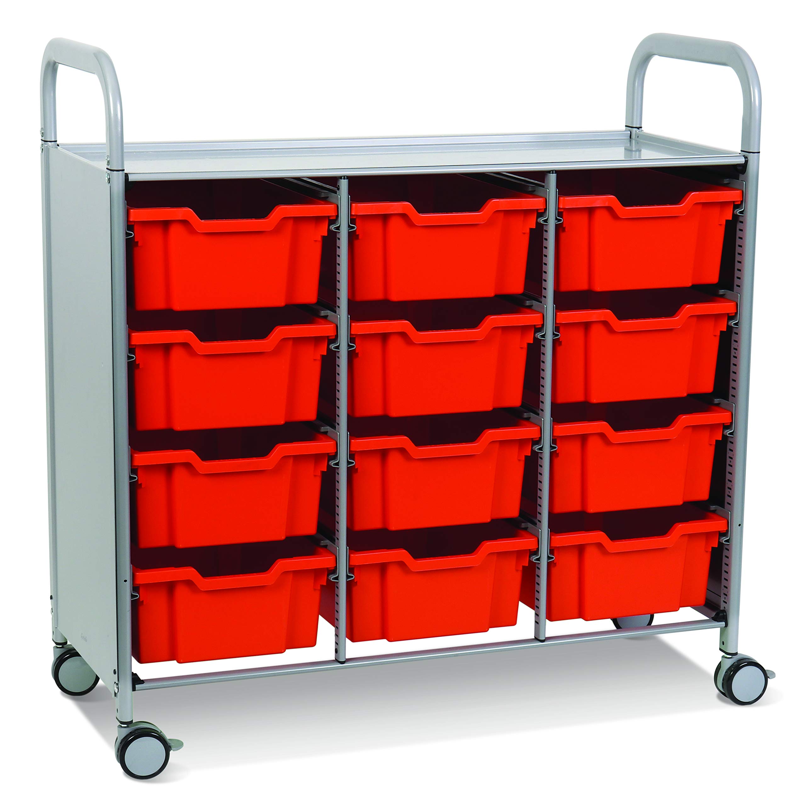 Callero Plus 3-Tier School Activity Cart with 12 Deep Tropical Orange Trays - Rolling Storage Organizer for Classroom, Office & Business - Silver with Castors for Easy Mobility