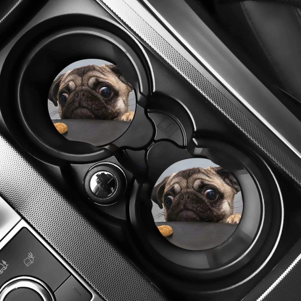 AFPANQZ 3D Pug Dog Print Car Coasters - 2 Pack Absorbent Rubber Cup Holders (2.75 Inch) for Drinks - Universal Non-Slip Felt Pad Coasters for Vehicles - Perfect for Cars, Trucks & SUVs - Protect Your Cup Holder from Spills & Stains