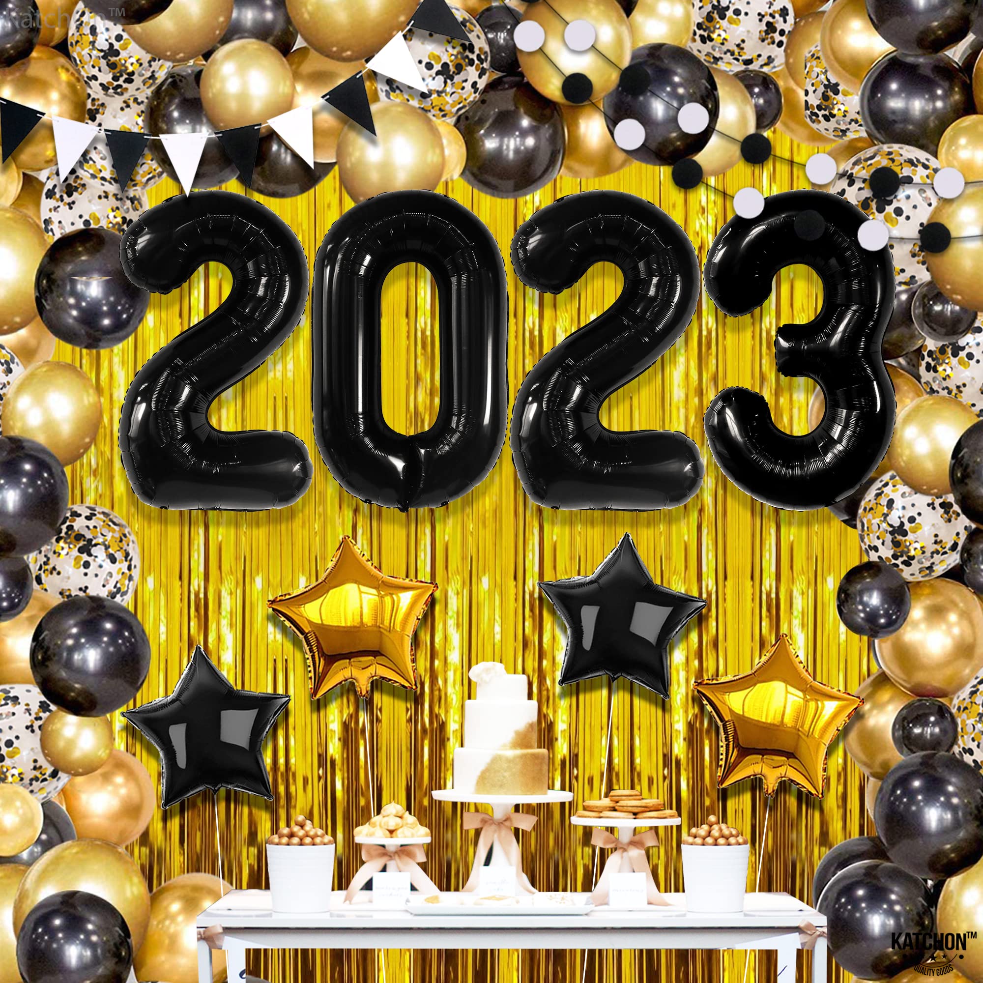 KatchOn 2023 Graduation Balloon Arch Kit - 90-Piece Black & Gold Graduation Decorations Set for Class of 2023 | Includes Backdrop & Party Supplies | Perfect for Graduation Ceremonies, Photo Booths & Grad Parties