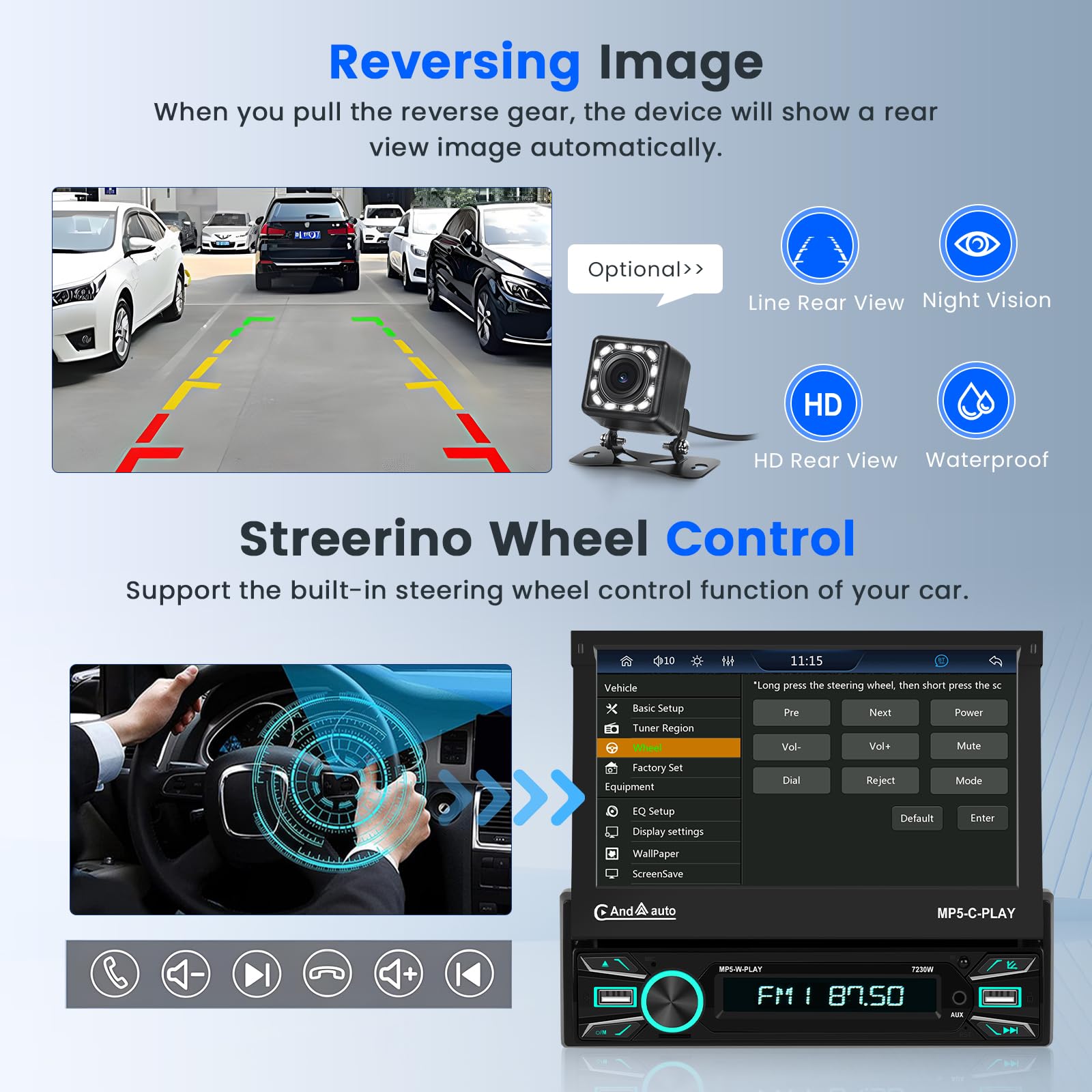 Hikity 1 Din Wireless CarPlay & Android Auto Car Stereo - 7