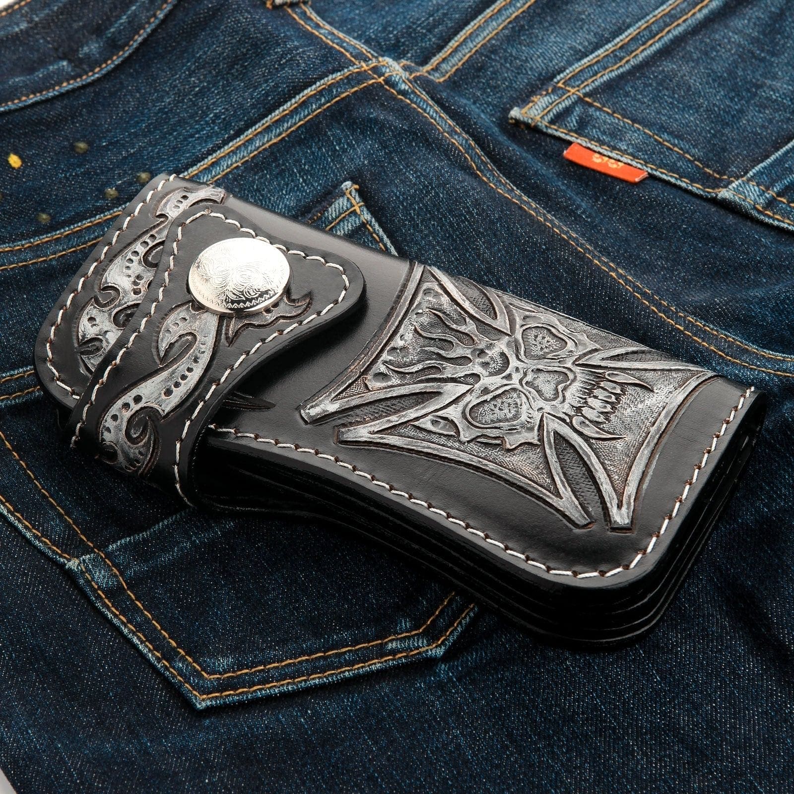 Phantom Skull Genuine Leather Biker Wallet for Men - RFID Blocking Motorcycle Wallet with Chain - Perfect for Riding, Travel & Everyday Use