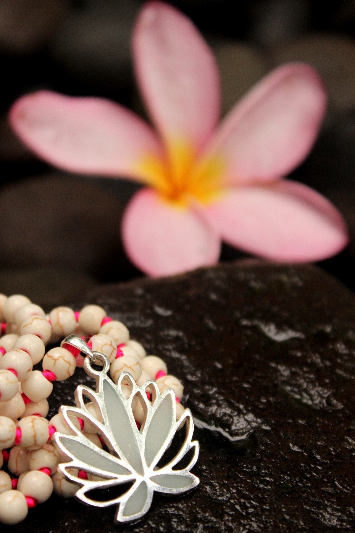 Authentic Mala Beads with White Turquoise & Lotus Design – Handmade Buddhist Prayer Necklace for Meditation, Yoga & Spiritual Healing