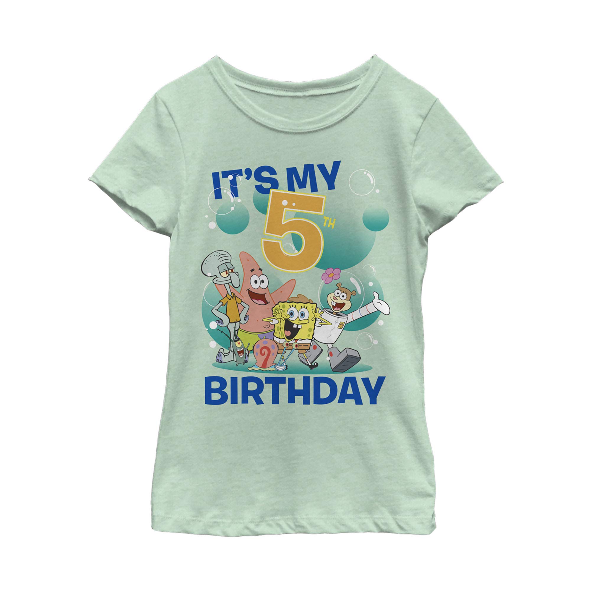 SpongeBob SquarePants 5th Birthday Girls Short Sleeve T-Shirt - Cute Cartoon Graphic Tee for Kids Birthday Party & Casual Wear