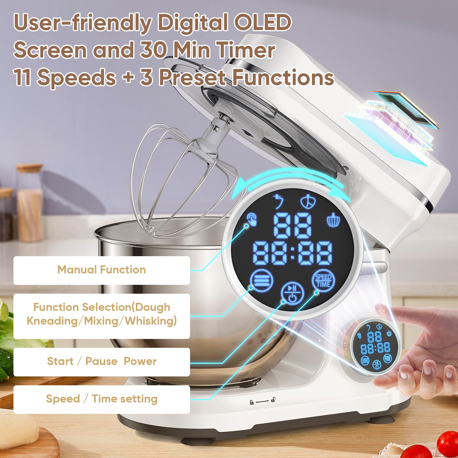 BioloMix 1200W Stand Mixer with 11 Speed Tilt Head & Digital OLED Screen - Includes Dough Hook, Flat Beater, Whisk - Perfect for Baking Bread, Cakes, Cookies - White Kitchen Electric Mixer