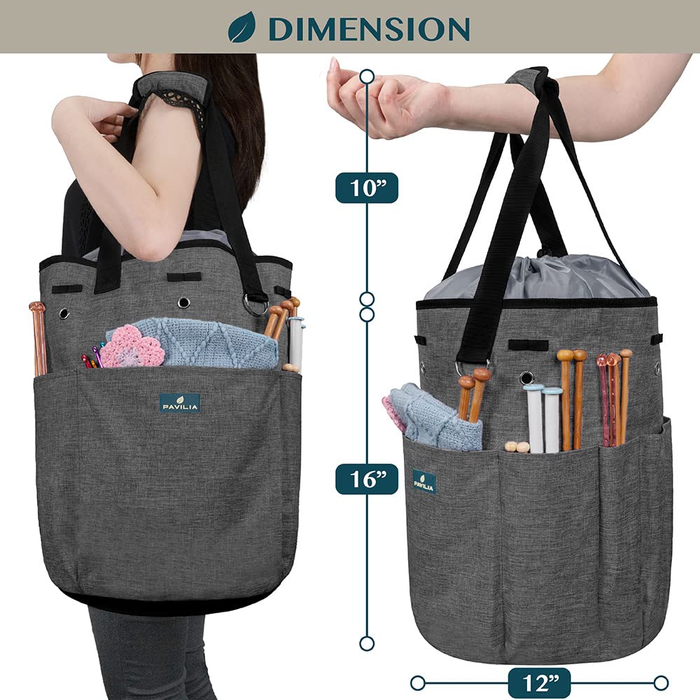 PAVILIA Crochet Knitting Bag Organizer with Grommets - Portable Yarn Storage Tote for Crafters & Knitters (Charcoal Gray) - Perfect Gift for Crochet Lovers