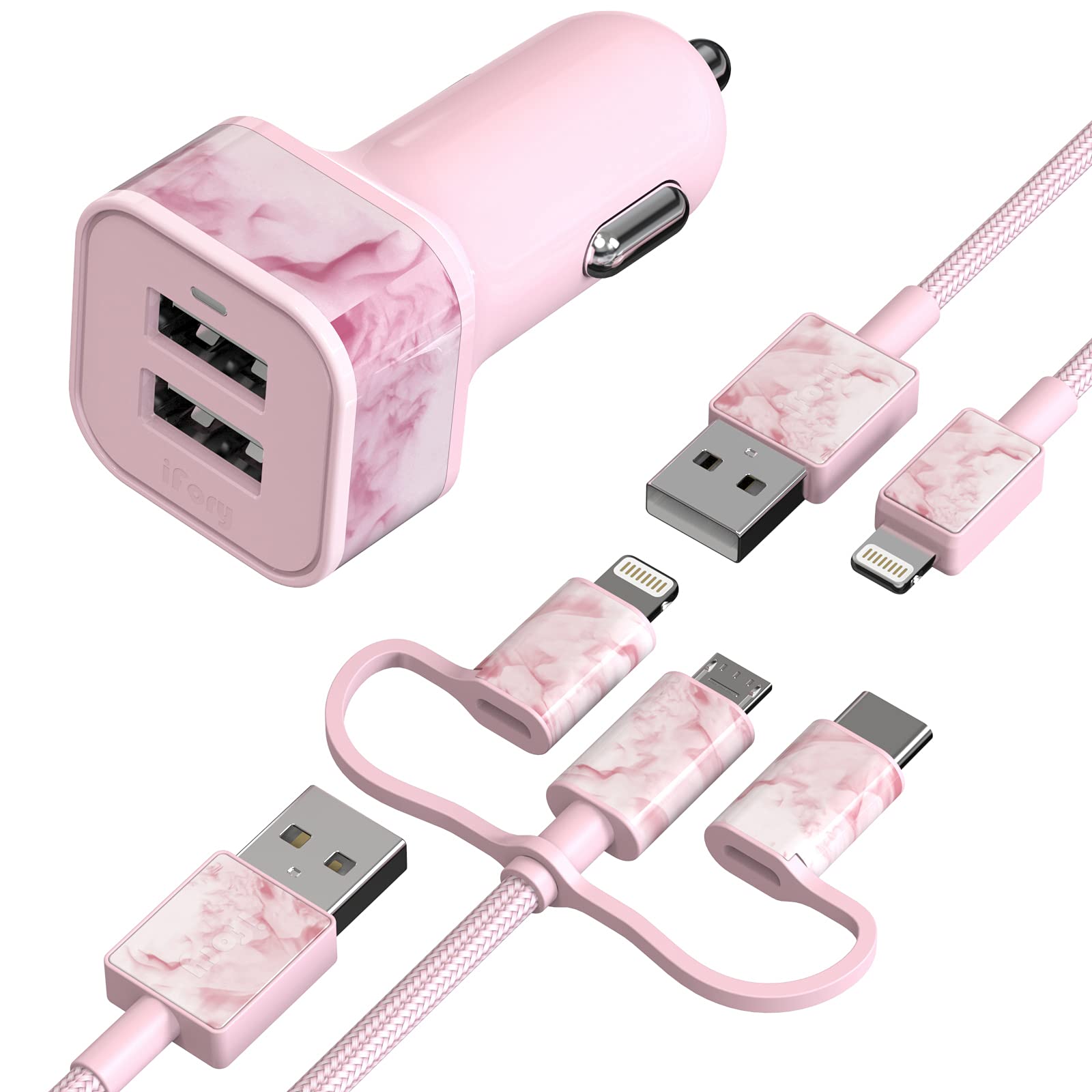 iFory 36W Dual USB Car Charger with Quick Charge 3.0 - Fast Charging Adapter for iPhone, Android - Includes 3ft iOS Cable & 6ft 3-in-1 Data Cable (Pink) - Perfect for Road Trips, Commuting & Travel