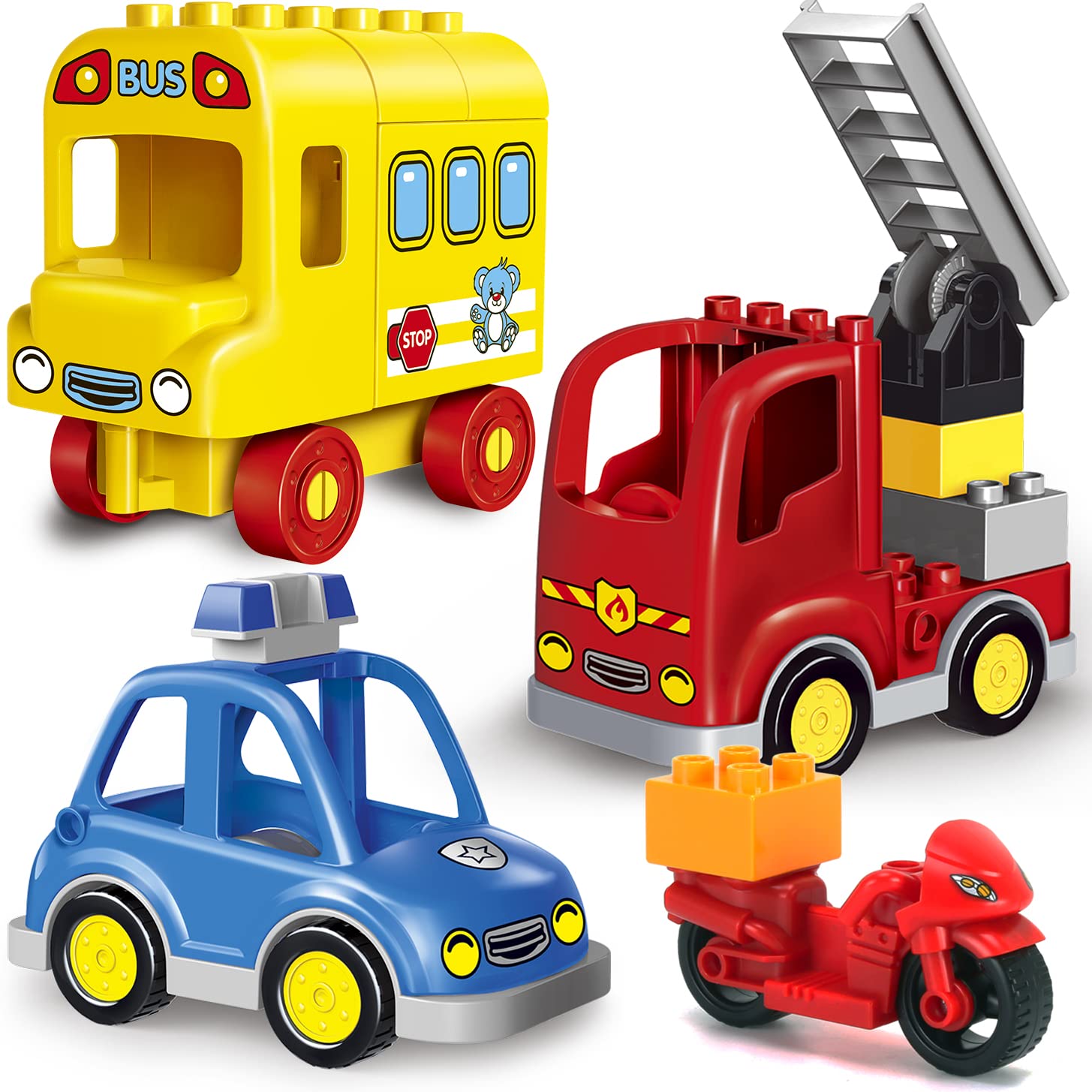 Liberty Imports 4-Pack City Vehicles Transportation Toy Set - Police Car, Fire Truck, School Bus & Motorcycle | Compatible with LEGO DUPLO Blocks | STEM Learning Toys for Toddlers & Kids | Perfect for Pretend Play & Early Education