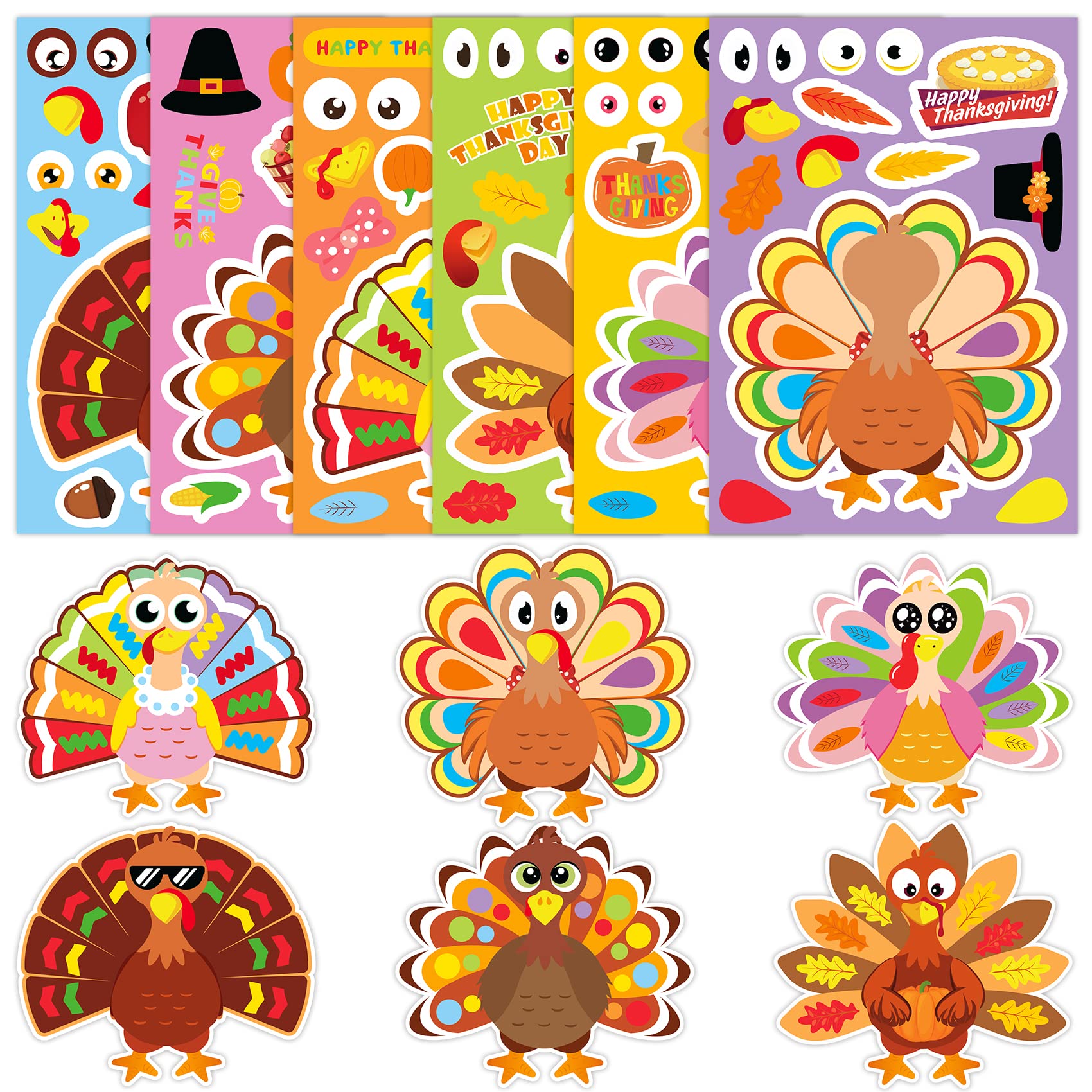 Joy Bang Thanksgiving Stickers for Kids - 30 Sheets Turkey Face Stickers, DIY Thanksgiving Crafts, Party Favors & Gifts for Friendsgiving Activities | Perfect for Classroom Projects, Holiday Decorations & Family Bonding