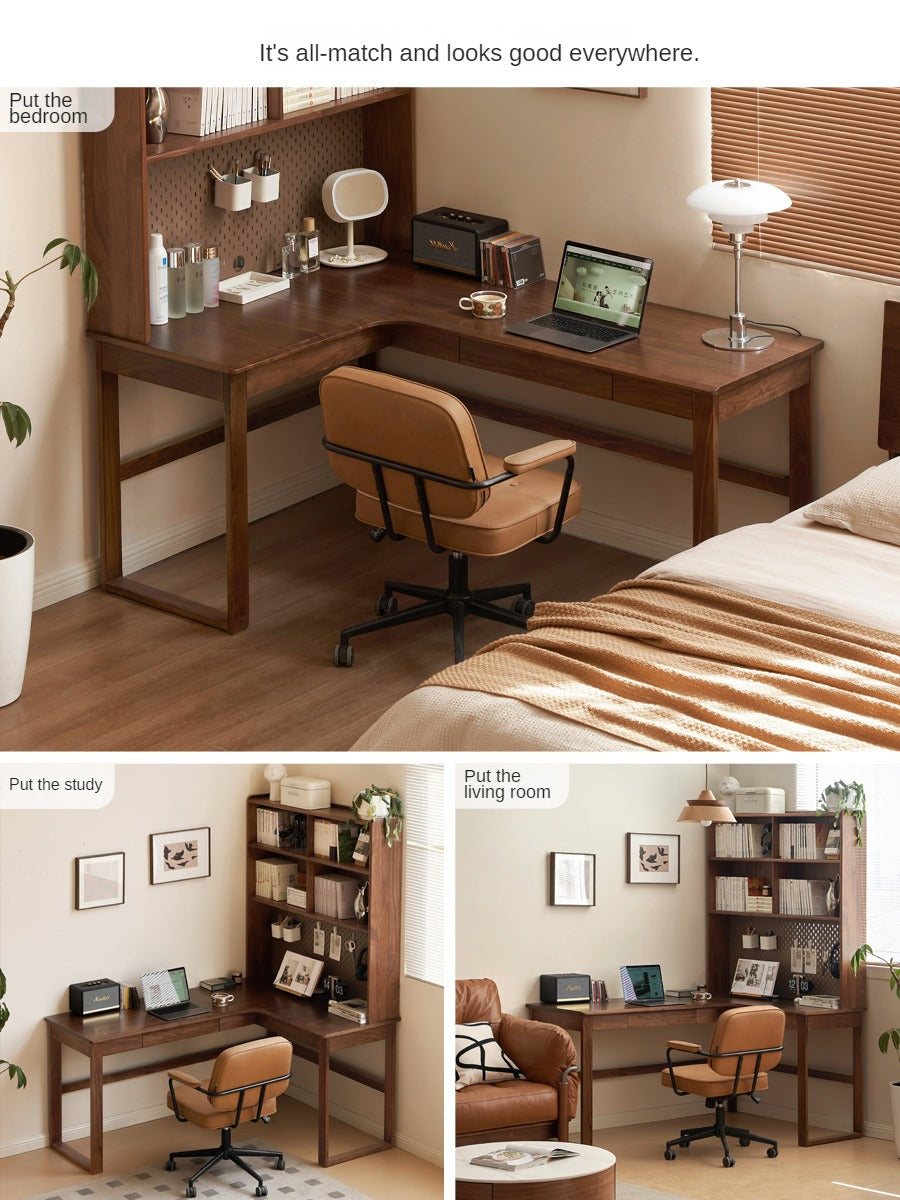 Solid Black Walnut & Oak Wood Corner Desk Bookshelf - Stylish Home Office Storage for Books, Decor & Essentials