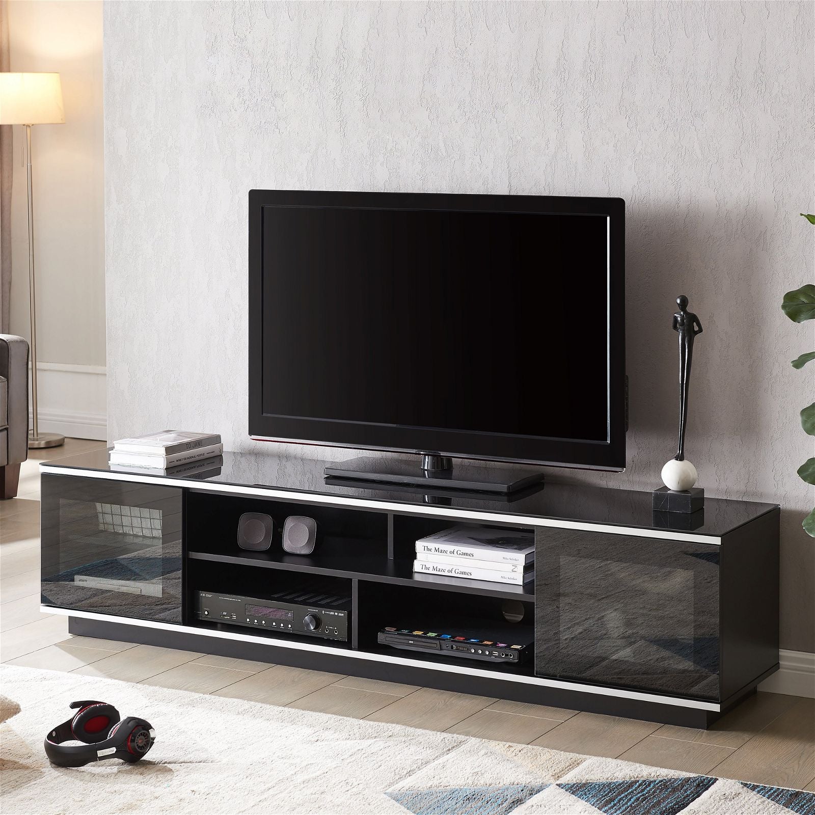 TAURIS™ DIABLO 1800 Black TV Stand Entertainment Center - Modern Media Console for Living Room, Home Theater & Gaming Setup