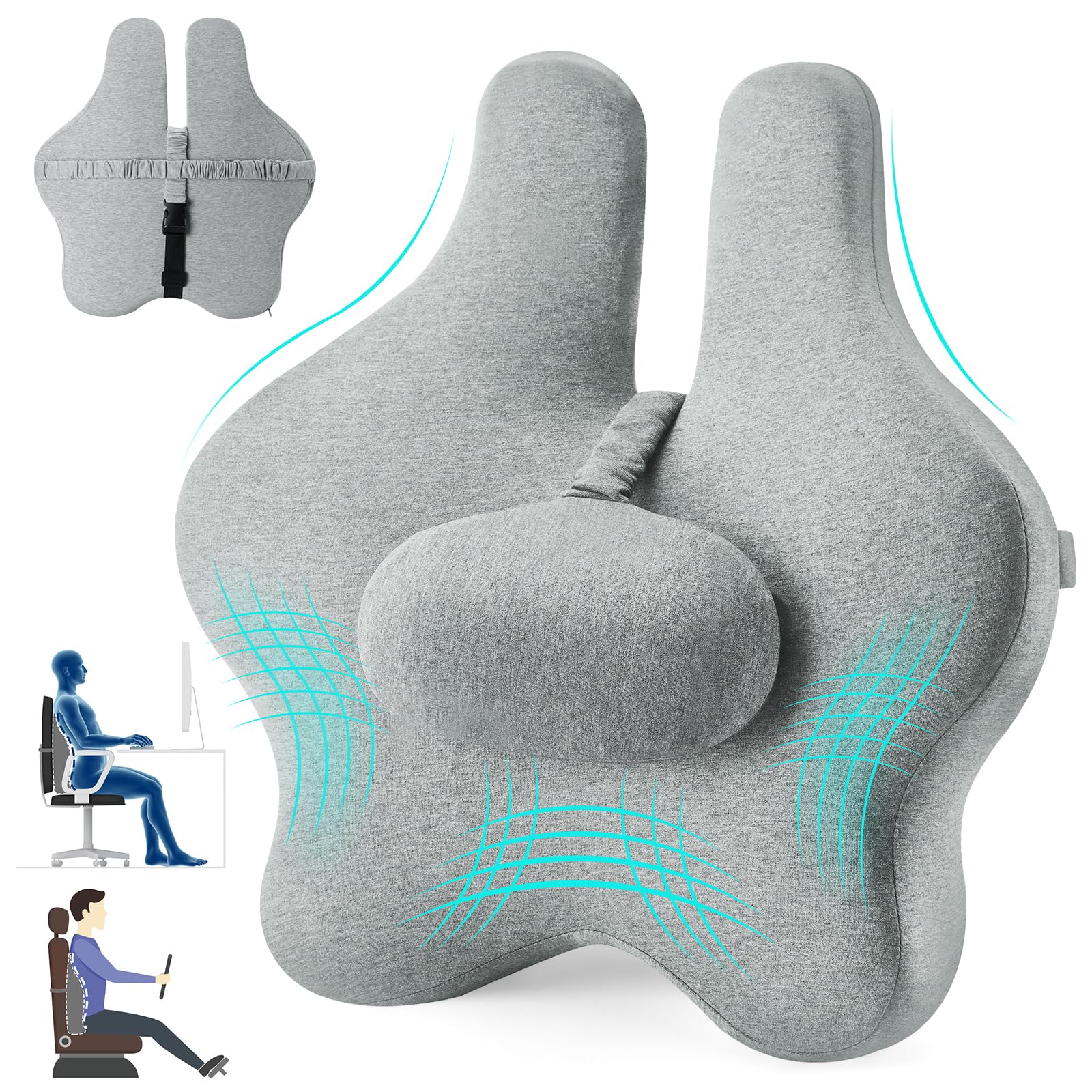 Ergonomic Adjustable Lumbar Support Pillow for Office Chair - Memory Foam Back Cushion for Lower Back Pain Relief & Posture Correction - Ideal for Chair, Car, Sofa & Travel (Light Gray) | Perfect for Office Workers, Long Drivers & Home Use