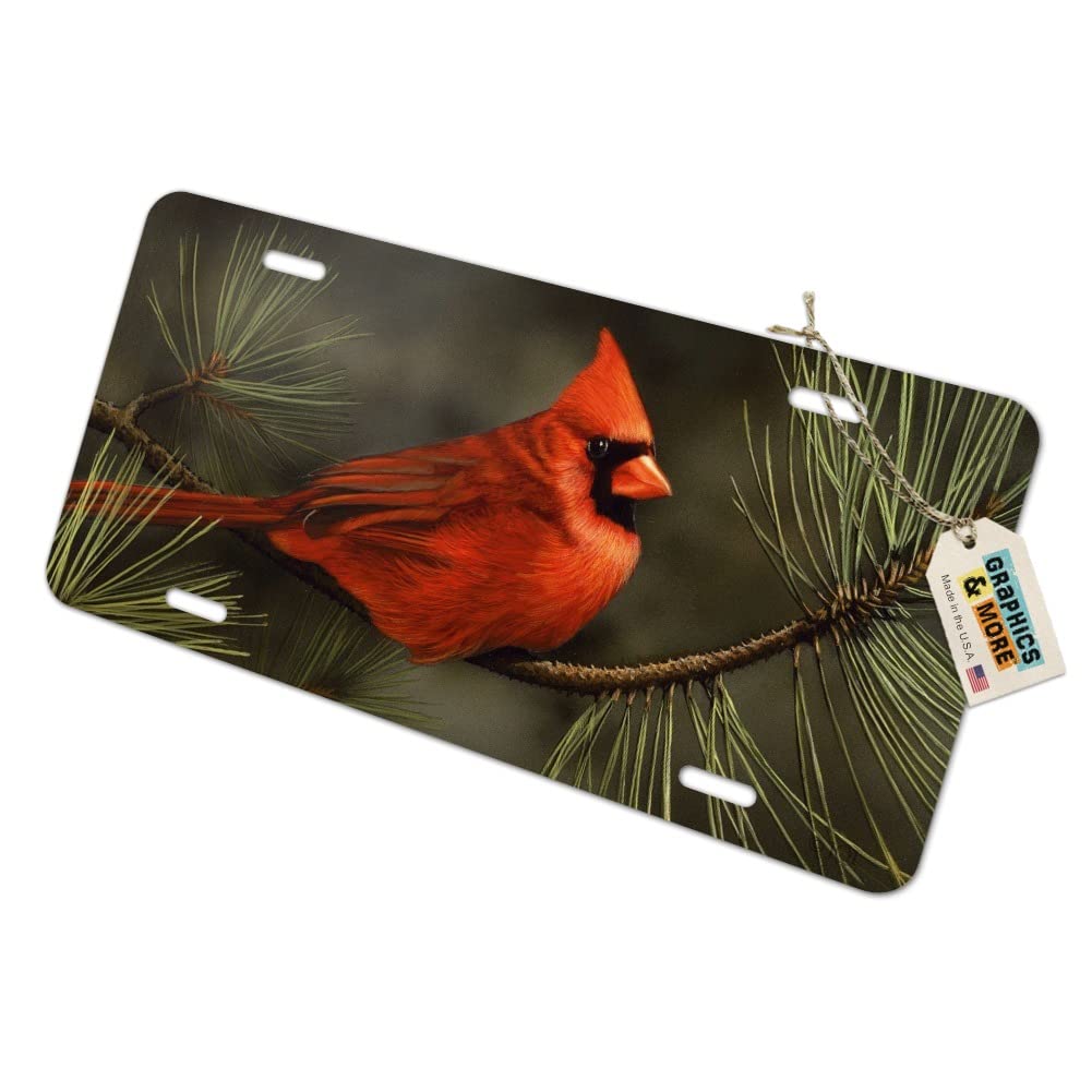 Northern Cardinal Red Pine Perch Novelty Metal Vanity Tag License Plate - Perfect for Car Decoration, Home Wall Art & Unique Gift Ideas